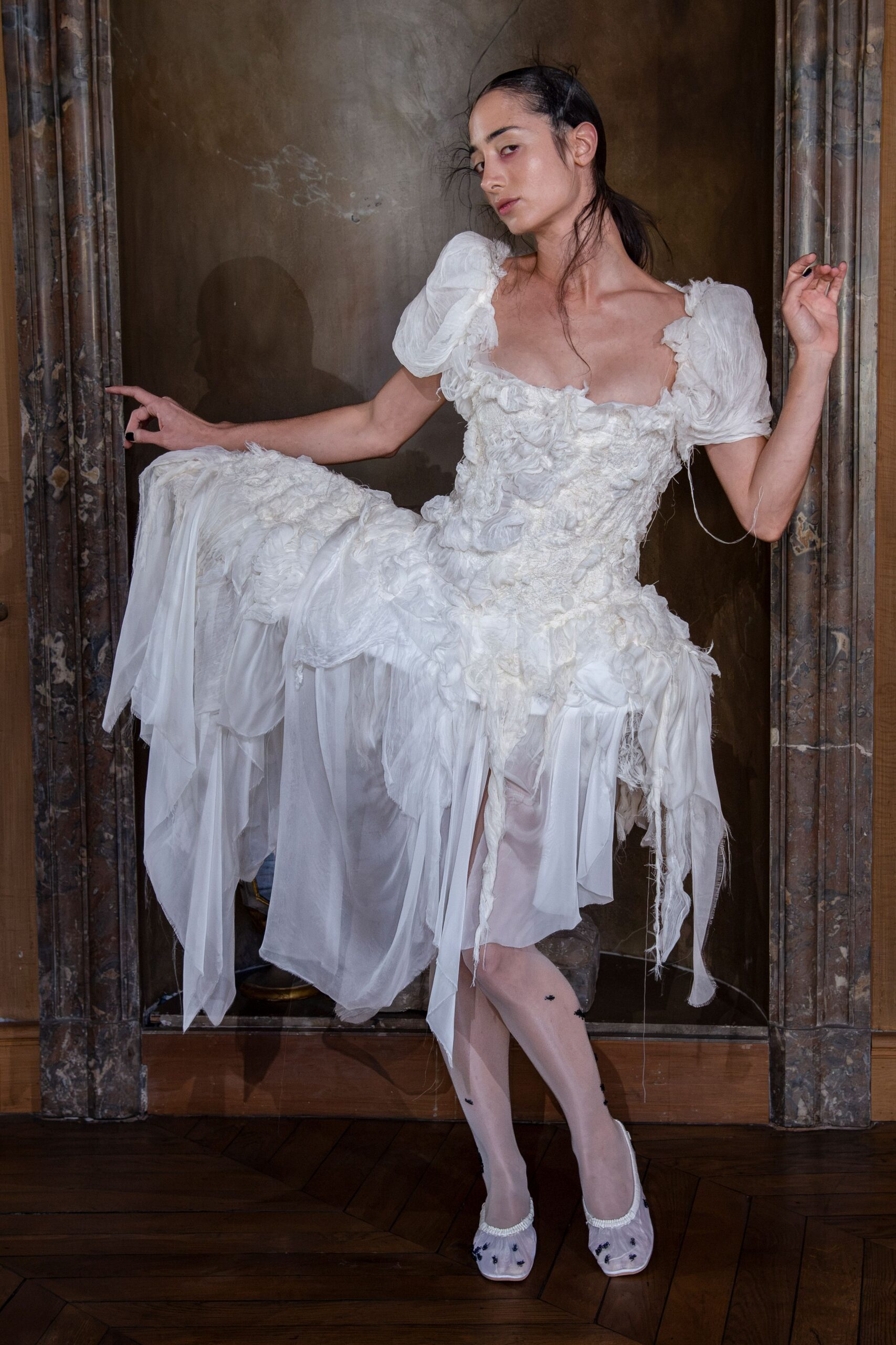 ruffled sheer white chiffon dress