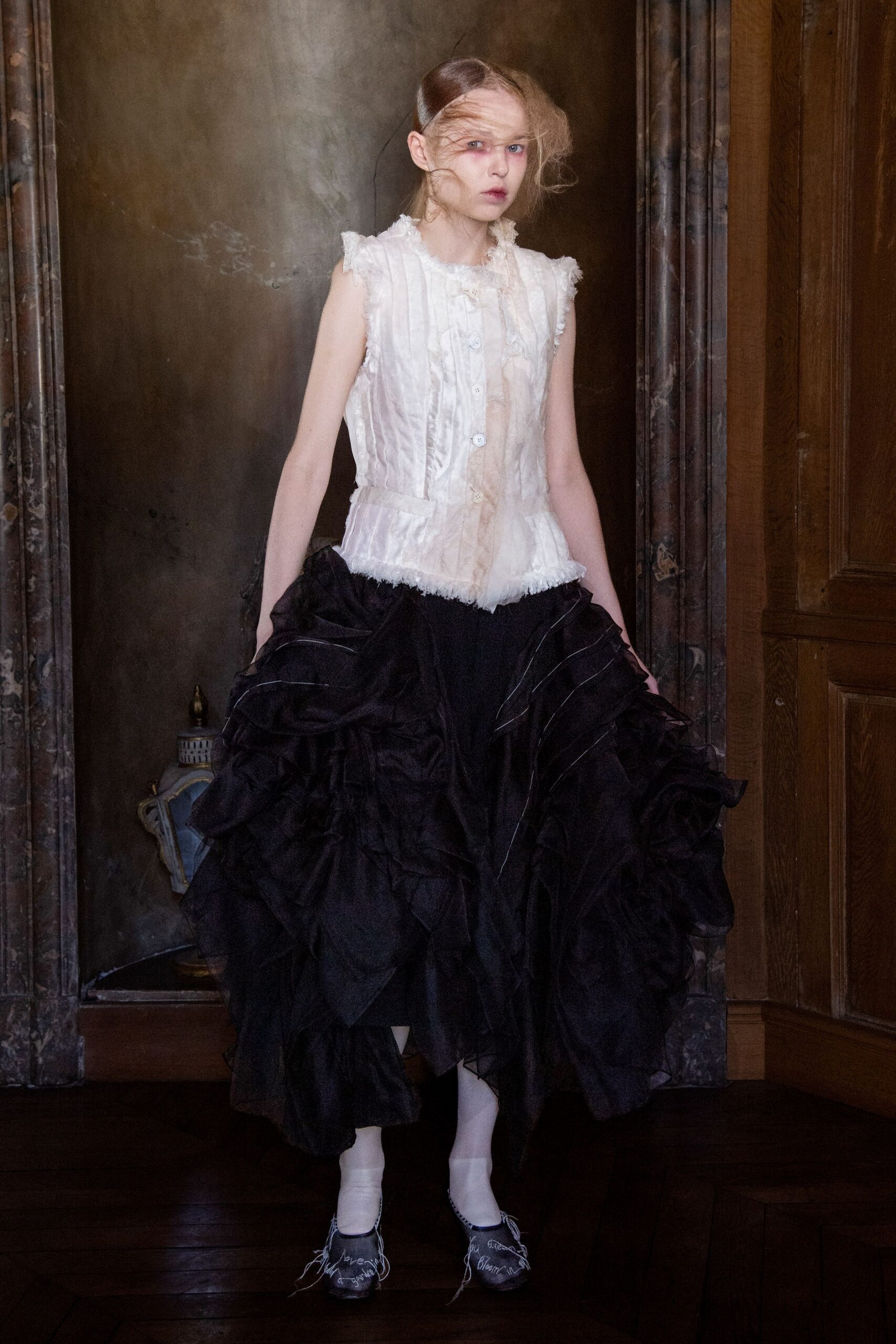 ruffled peplum blouse with bustle skirt