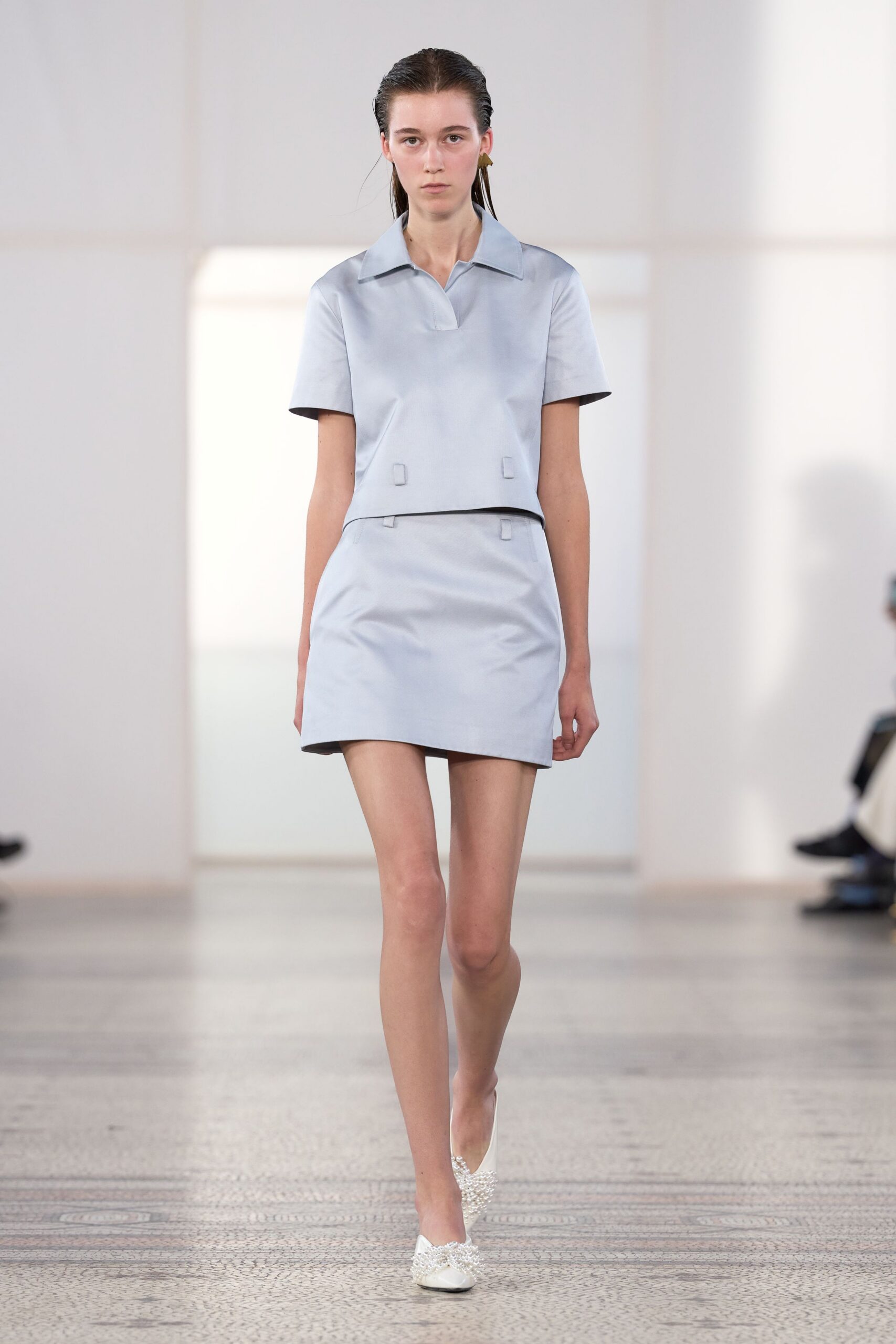 powder blue cropped polo top