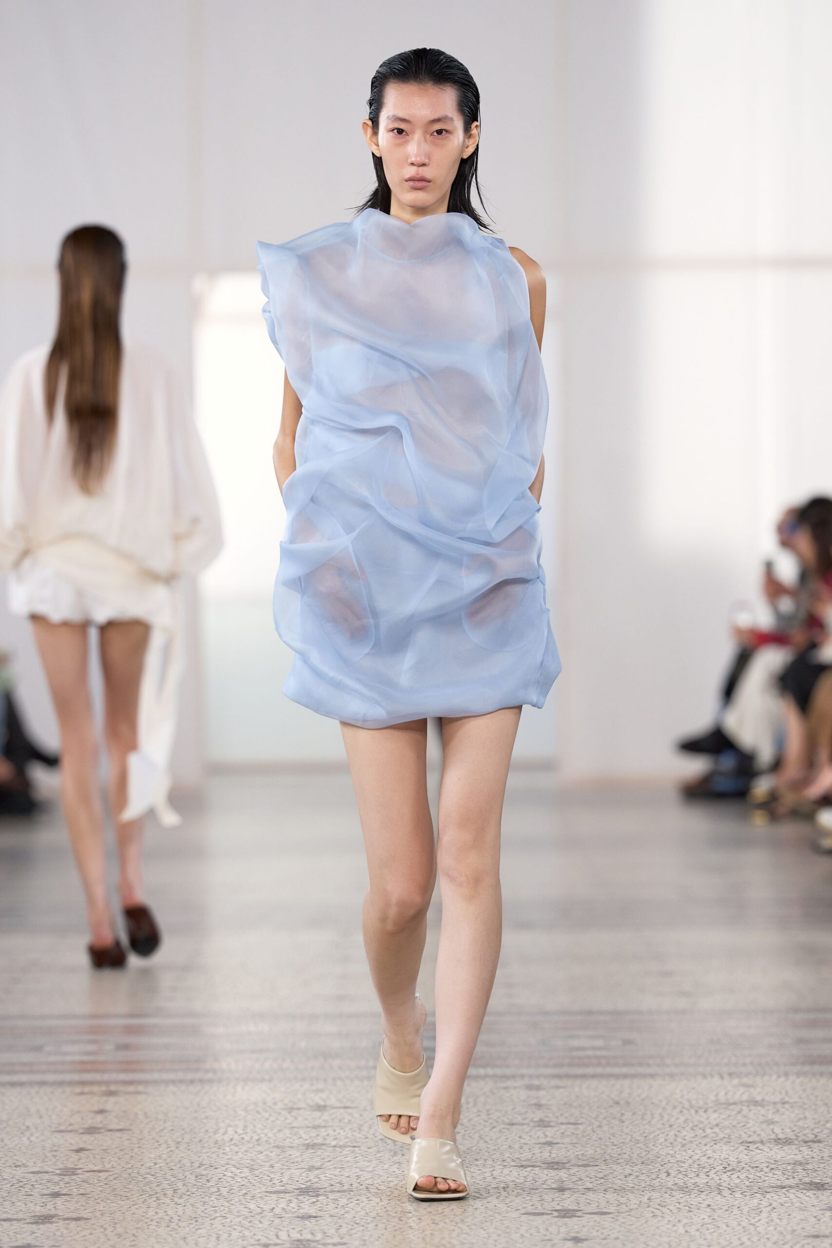 sheer sculptural organza mini dress