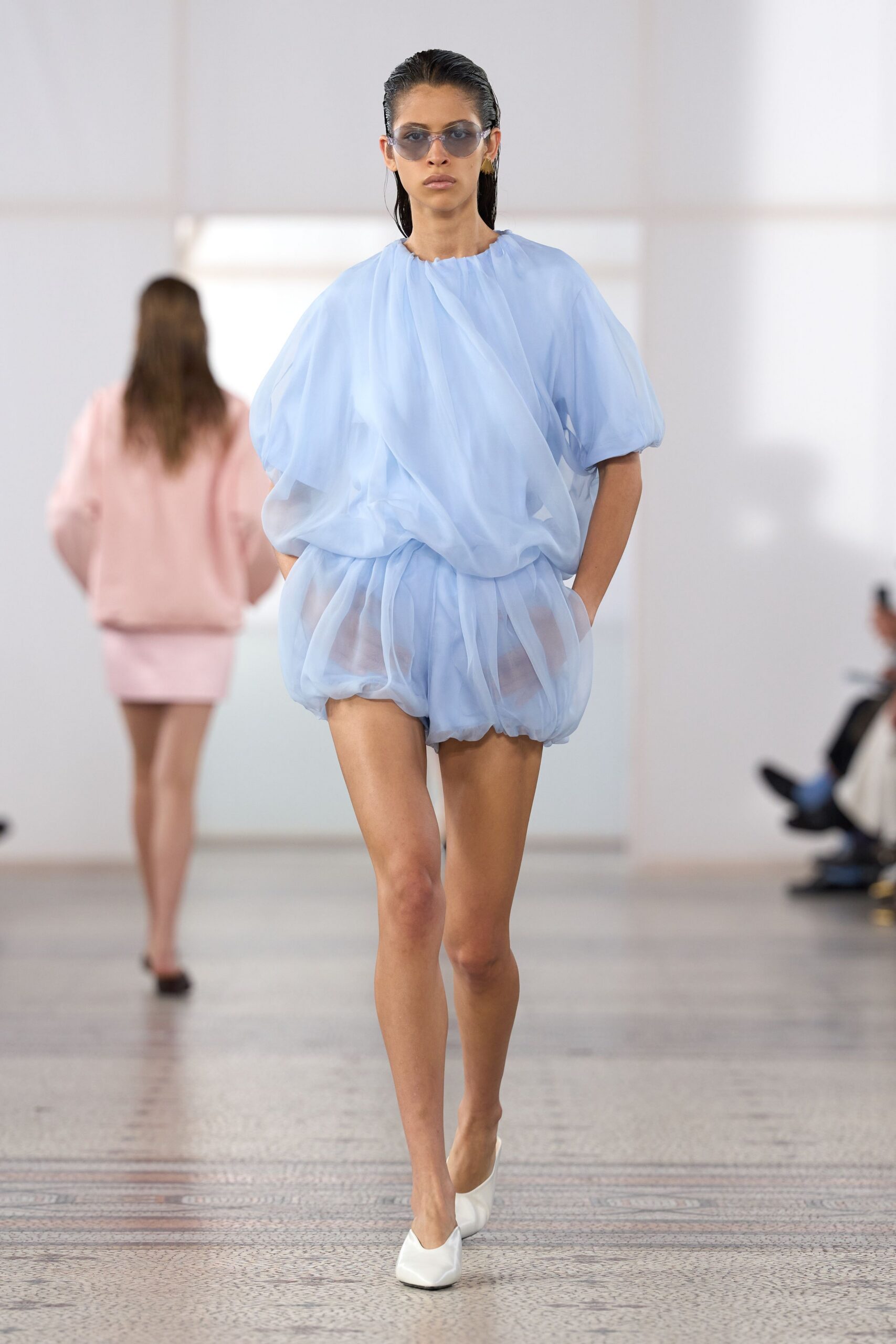sheer blue bubble-hem romper