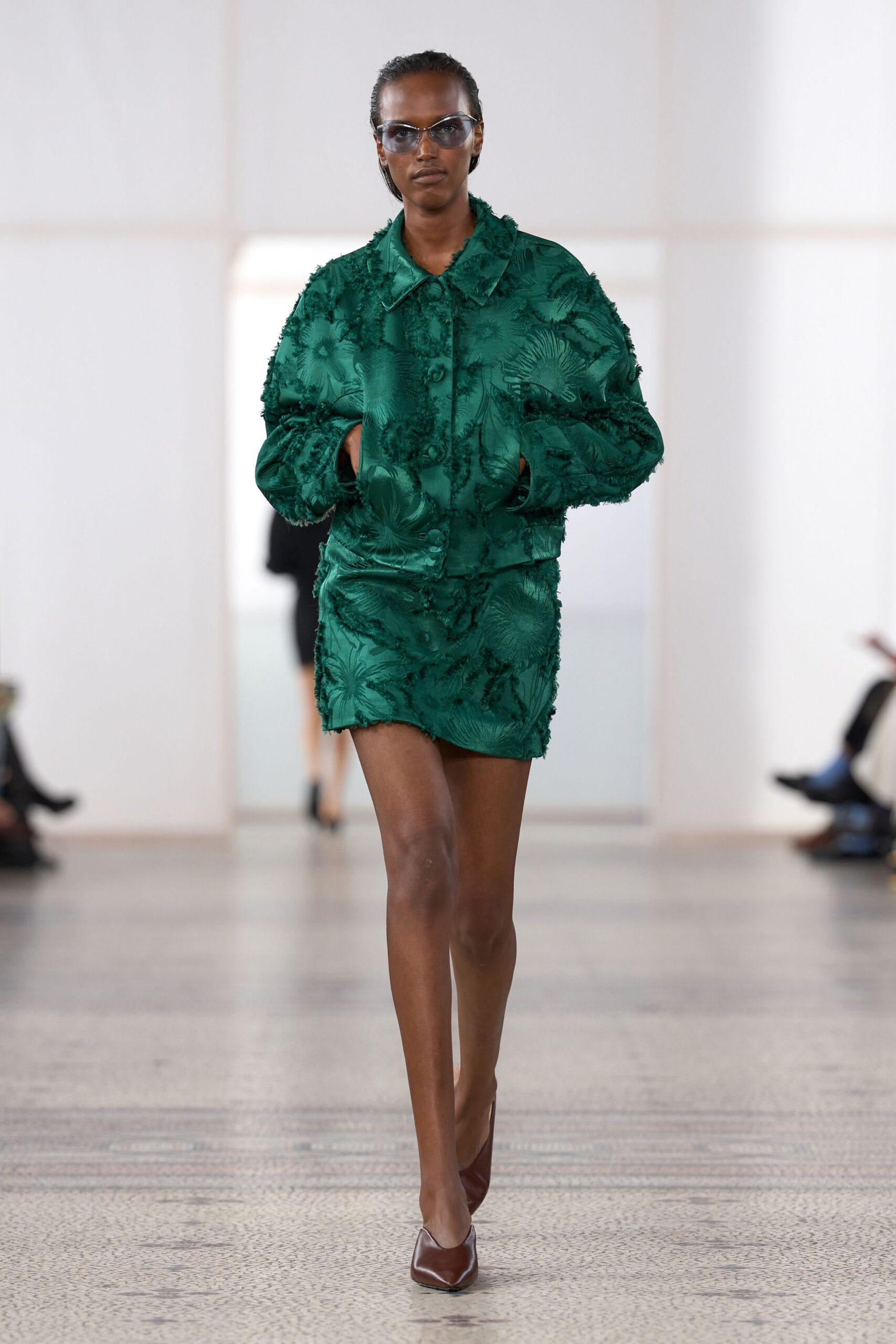 green floral jacquard cropped jacket