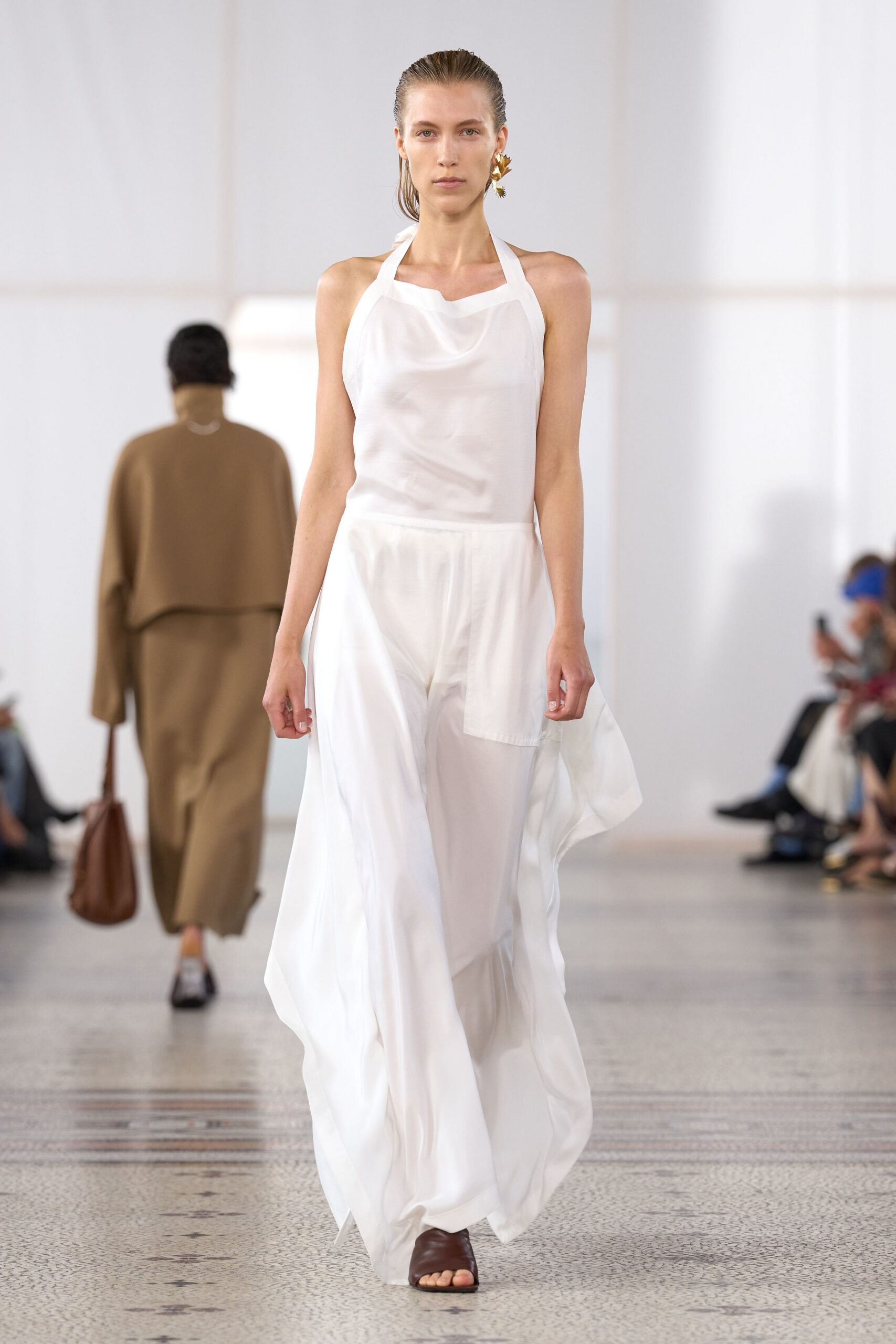 white halter cowl-neck chiffon gown
