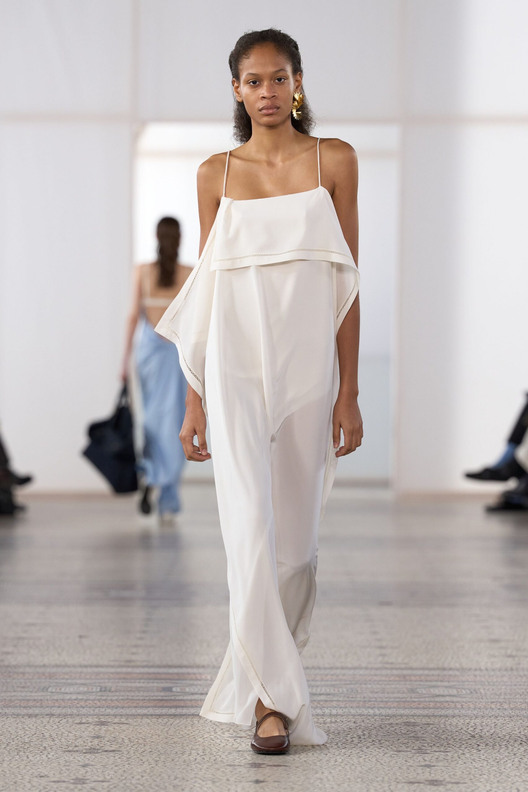 ivory cape-overlay chiffon jumpsuit