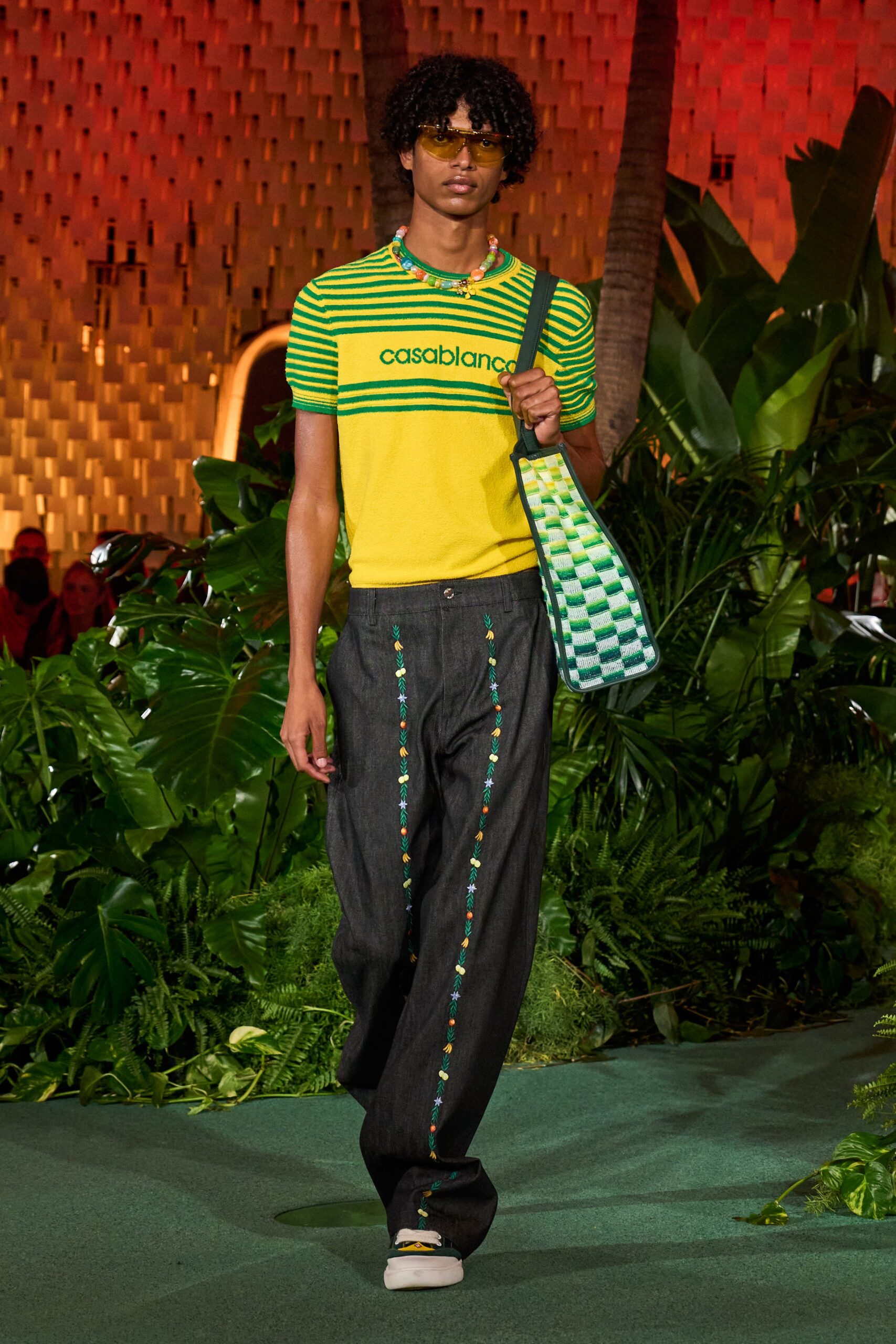 green knit checked textured bag
