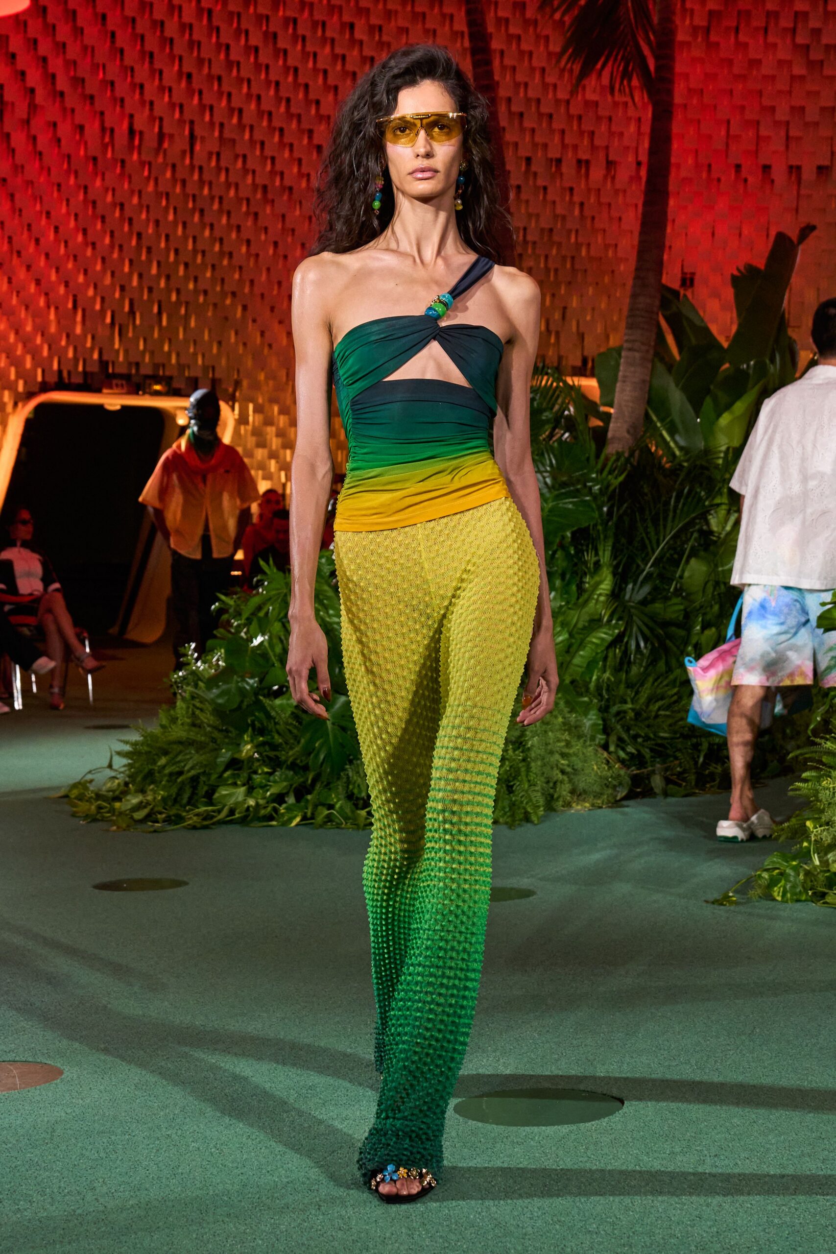 green knit asymmetric cutout fitted ruched ombre jumpsuit