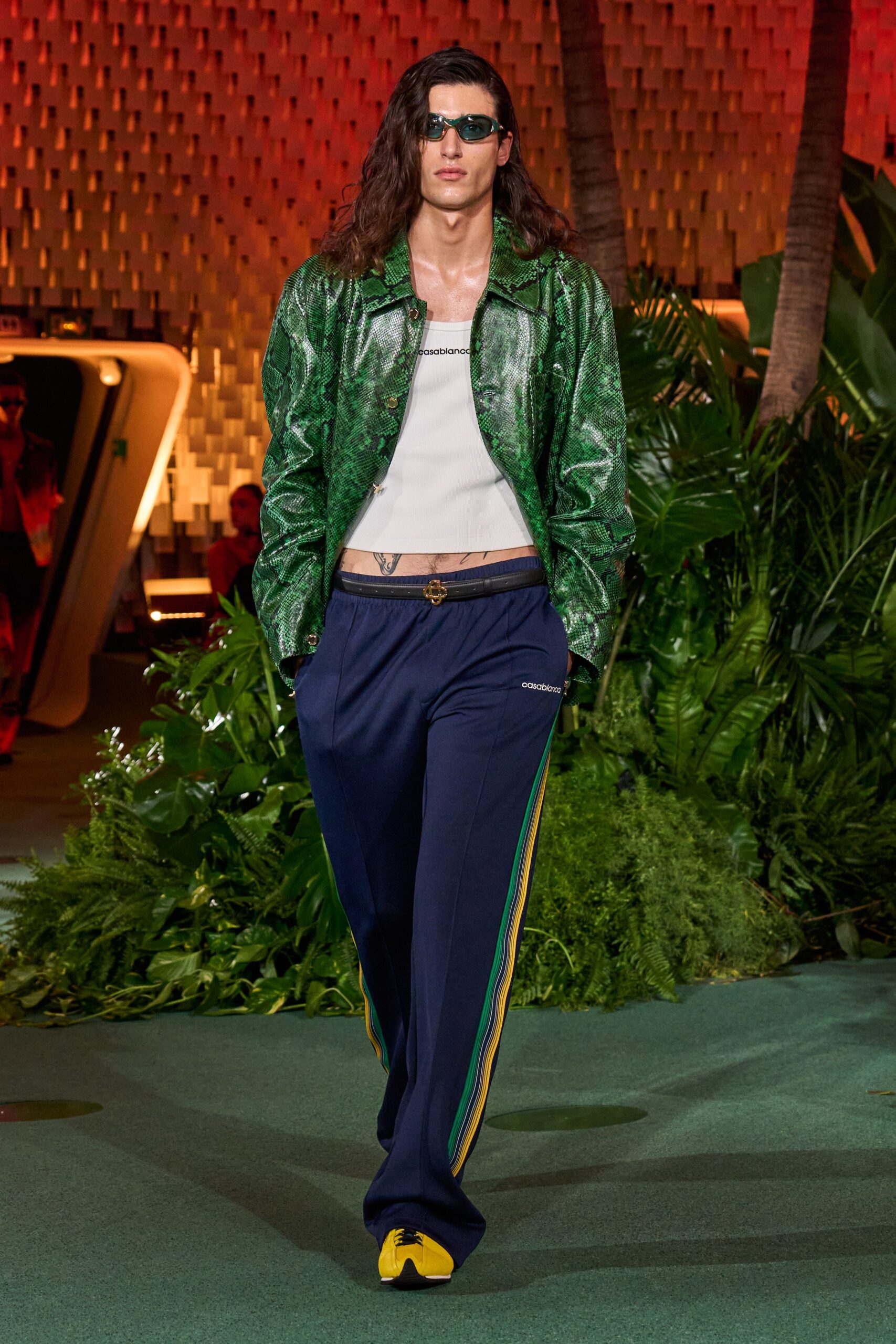 green leather long-sleeve collared animal-print buttoned shiny jacket