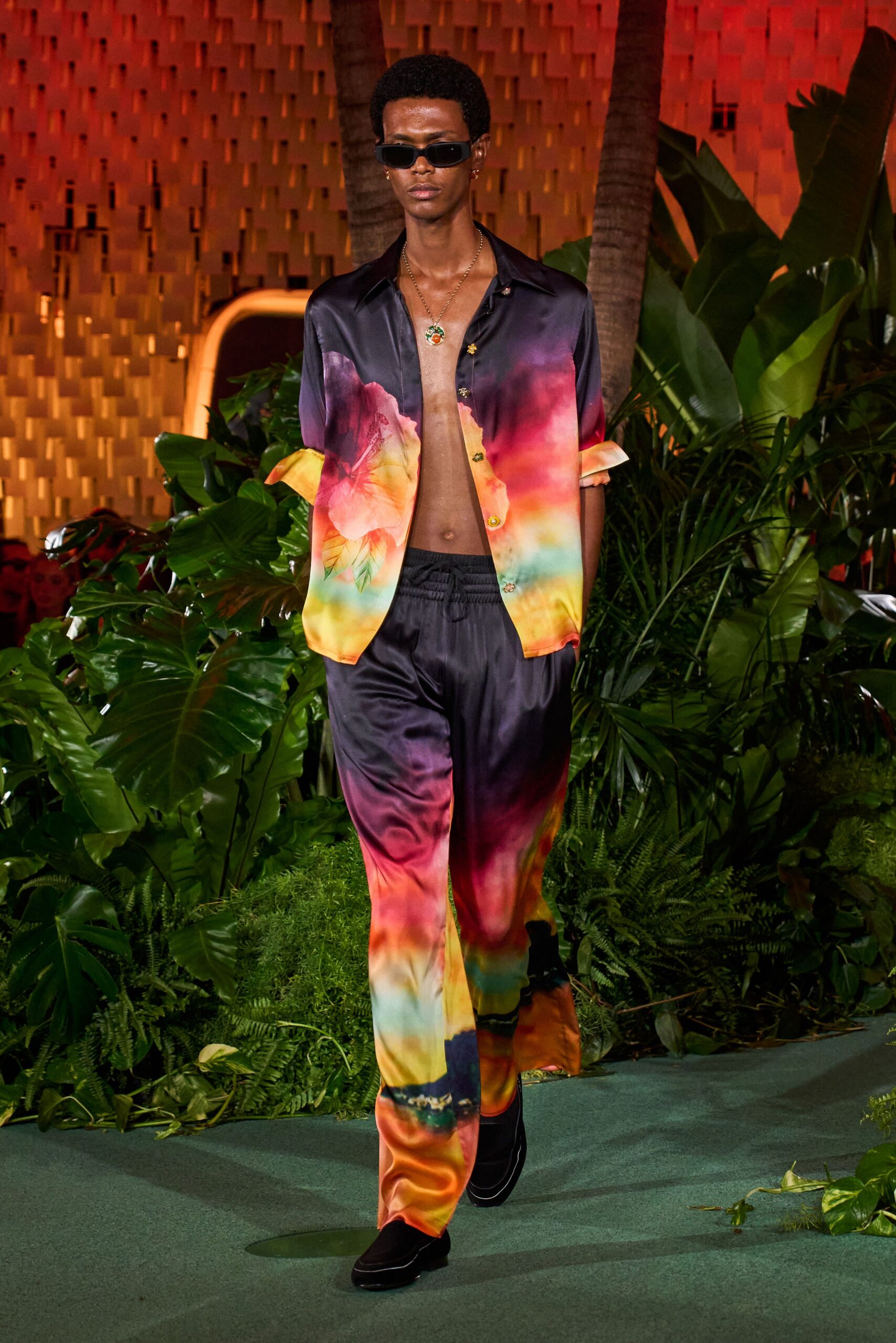 multi satin drawstring relaxed printed wide-leg pants