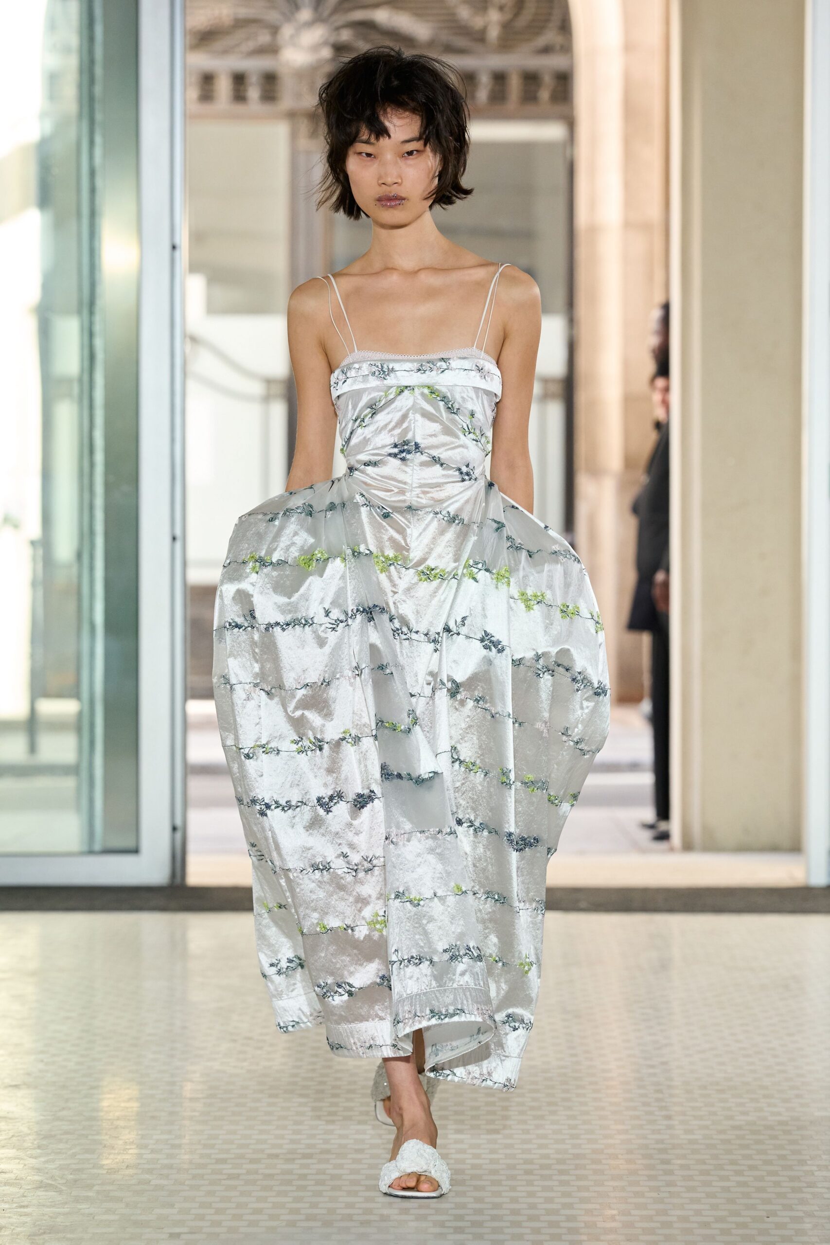 embroidered metallic organza bubble maxi dress
