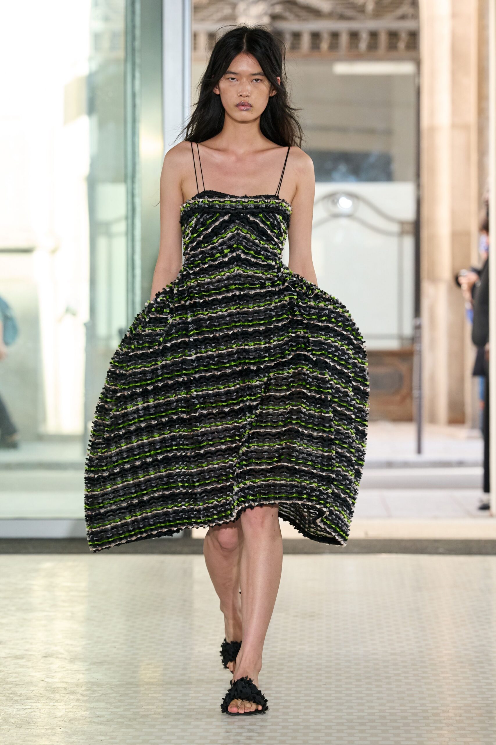 black spaghetti-strap sleeveless striped ruffled textured midi dress