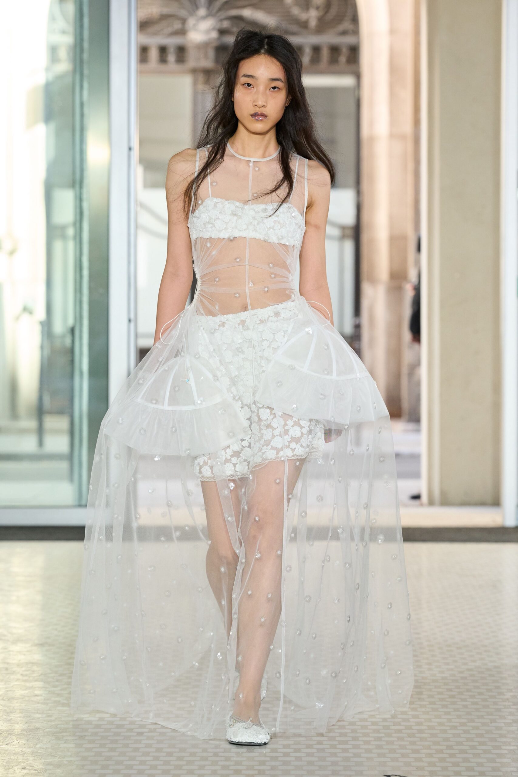 sheer tiered tulle evening dress