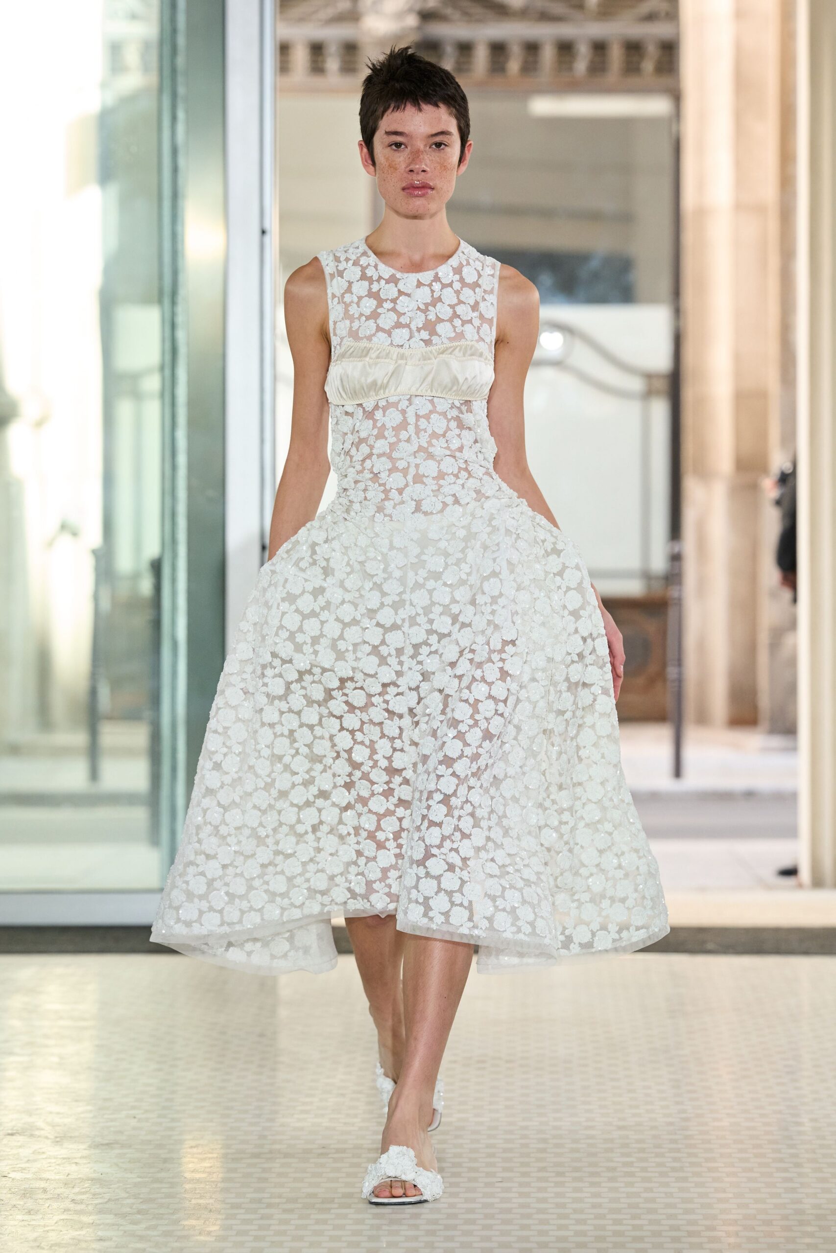 sheer floral appliqué midi dress