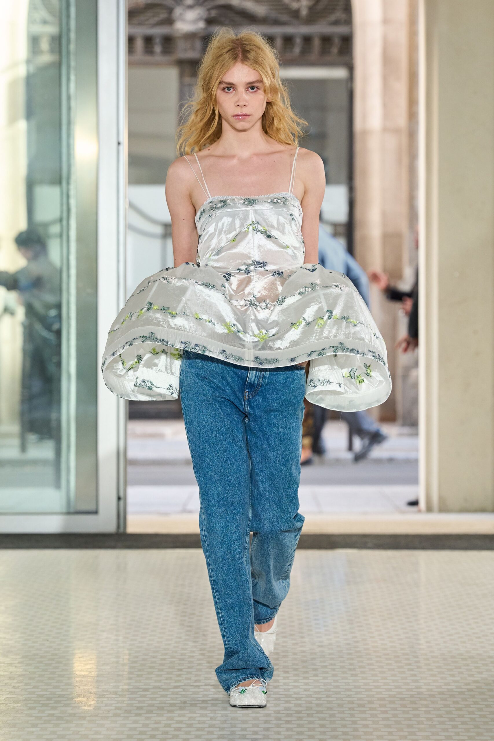 embroidered bubble peplum organza top
