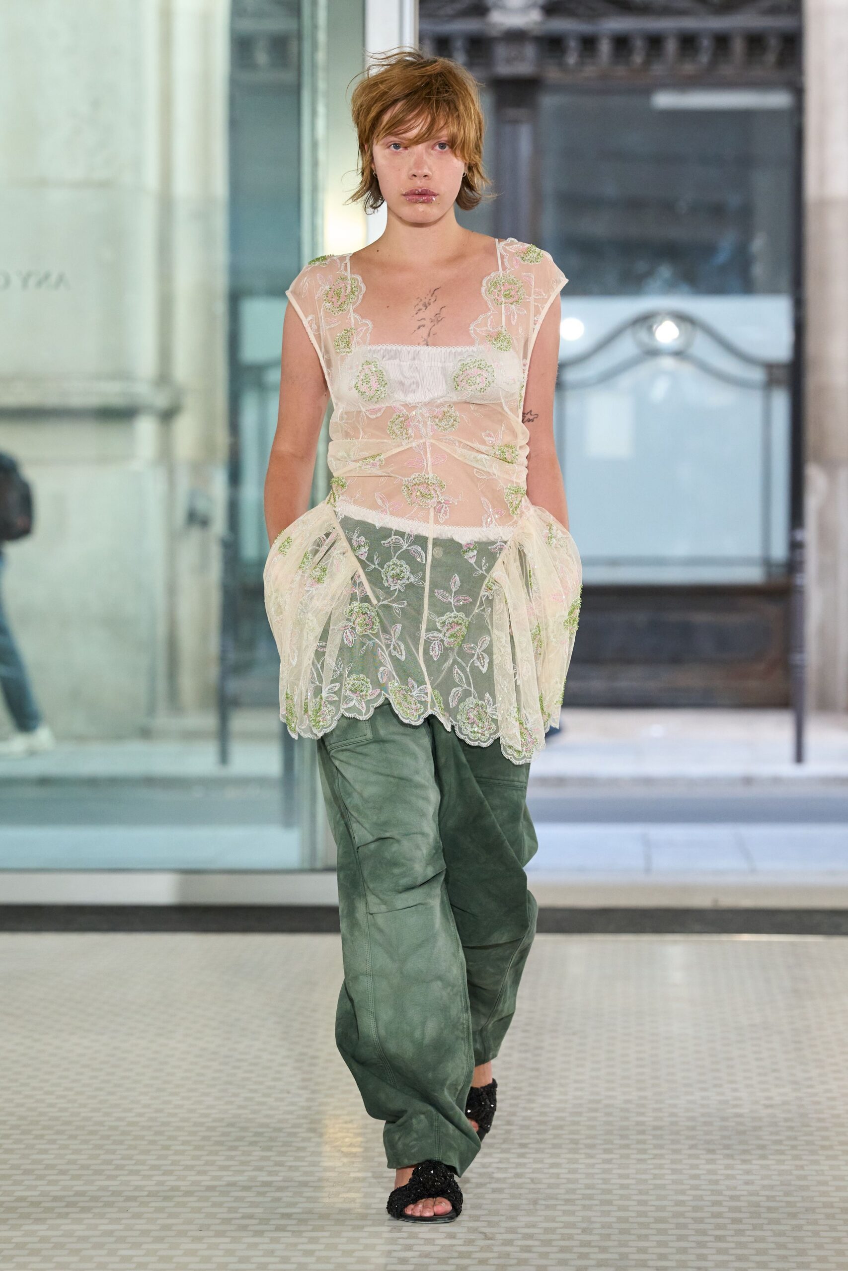 sheer floral embroidered peplum top