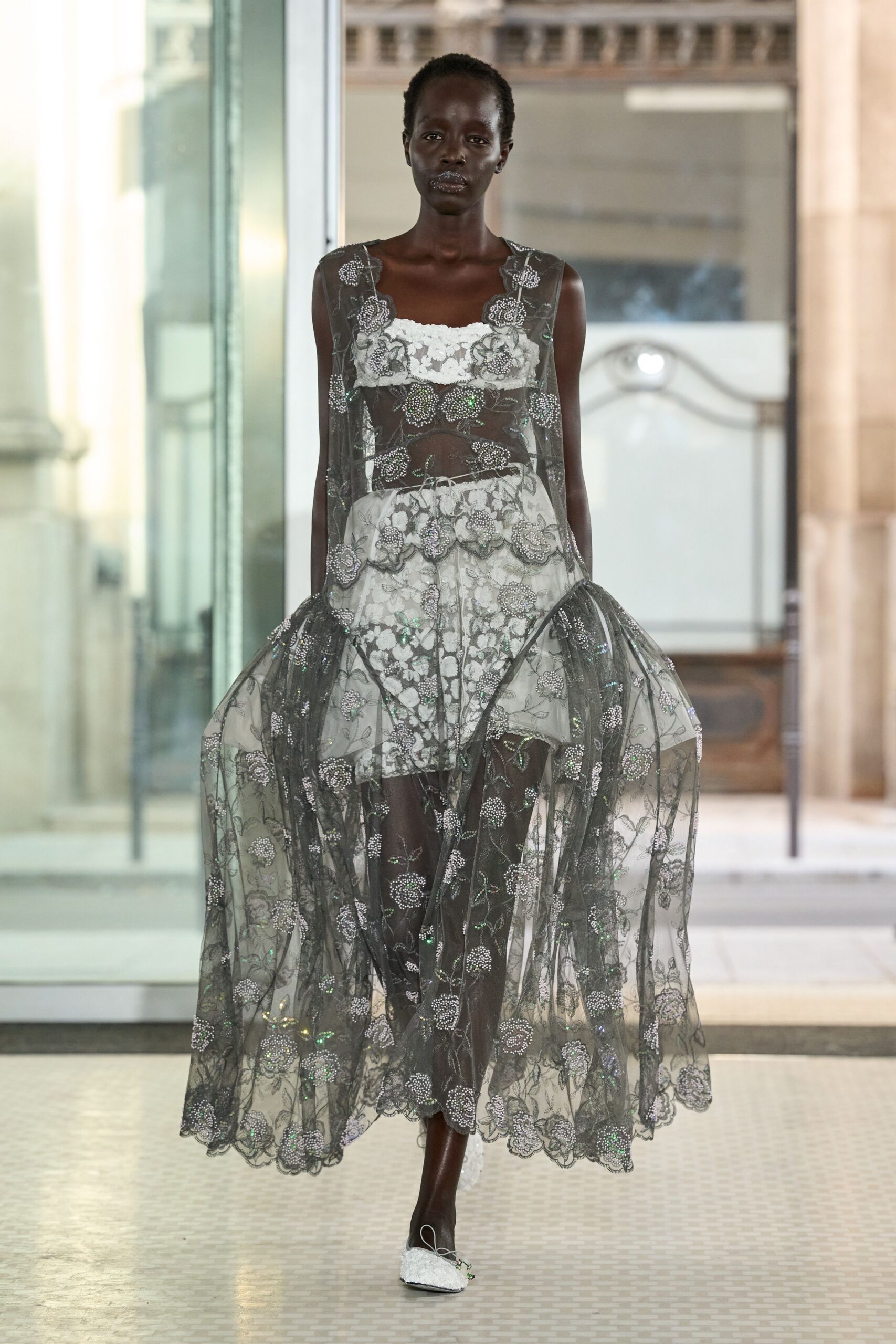sheer floral embroidered evening gown