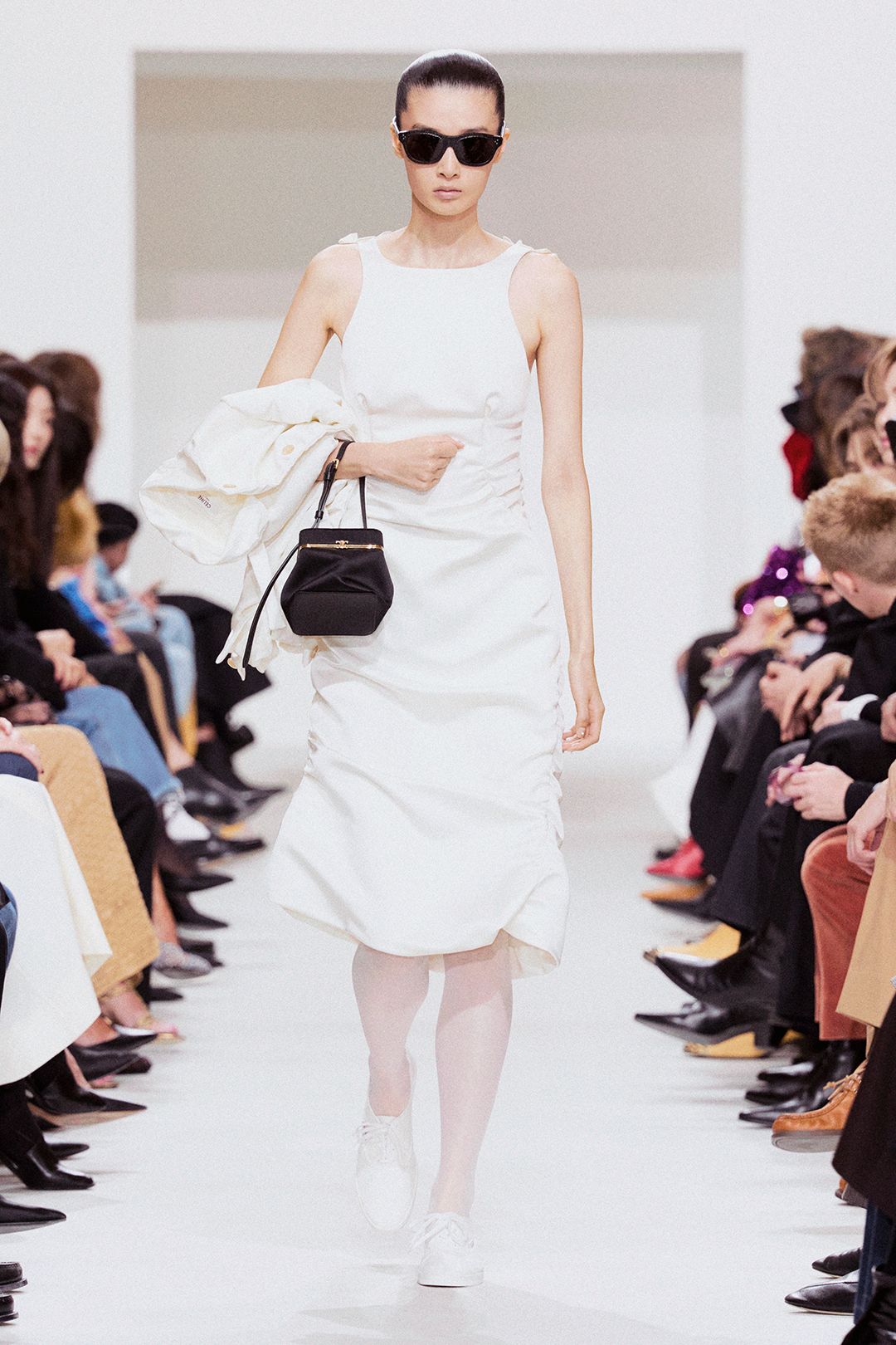white sleeveless boat-neck fitted ruched draped flowing midi-dress