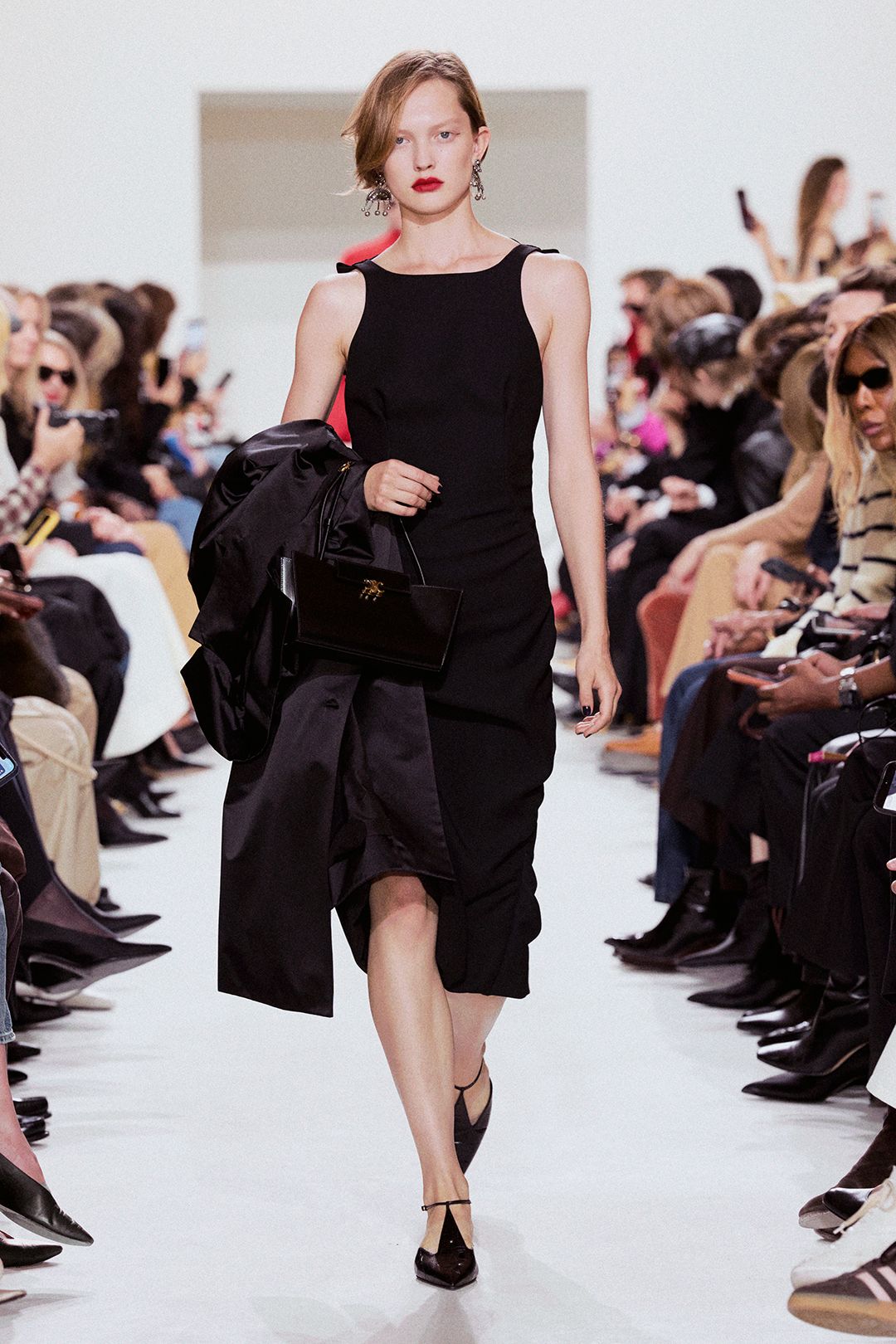 black asymmetric draped midi dress