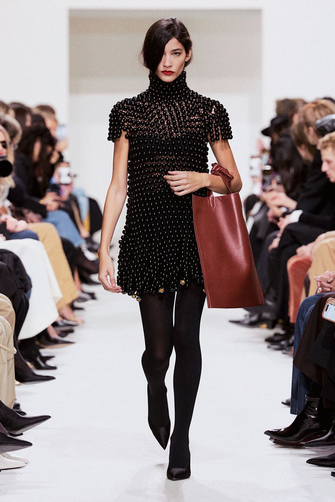 black short-sleeve turtleneck fitted beaded embellished mini-dress