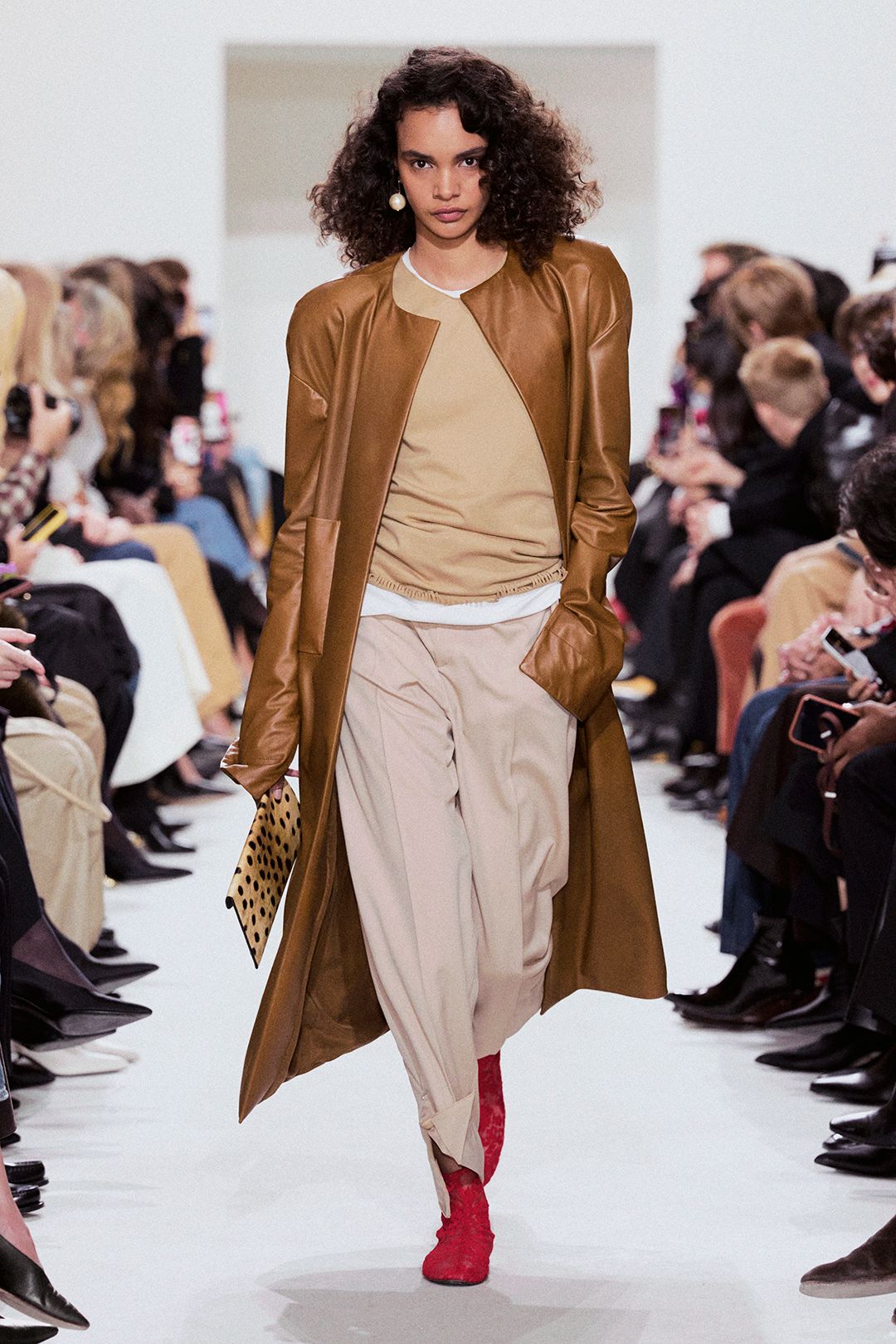 brown leather collarless duster coat