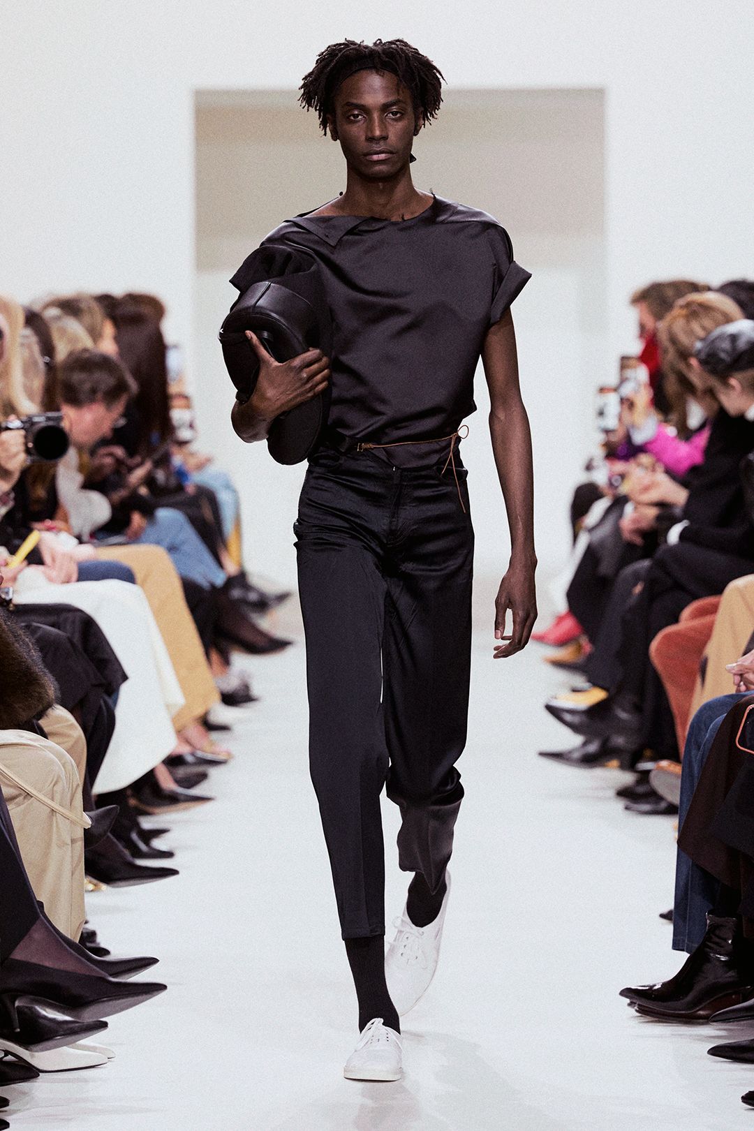 asymmetric satin top with folded shoulder