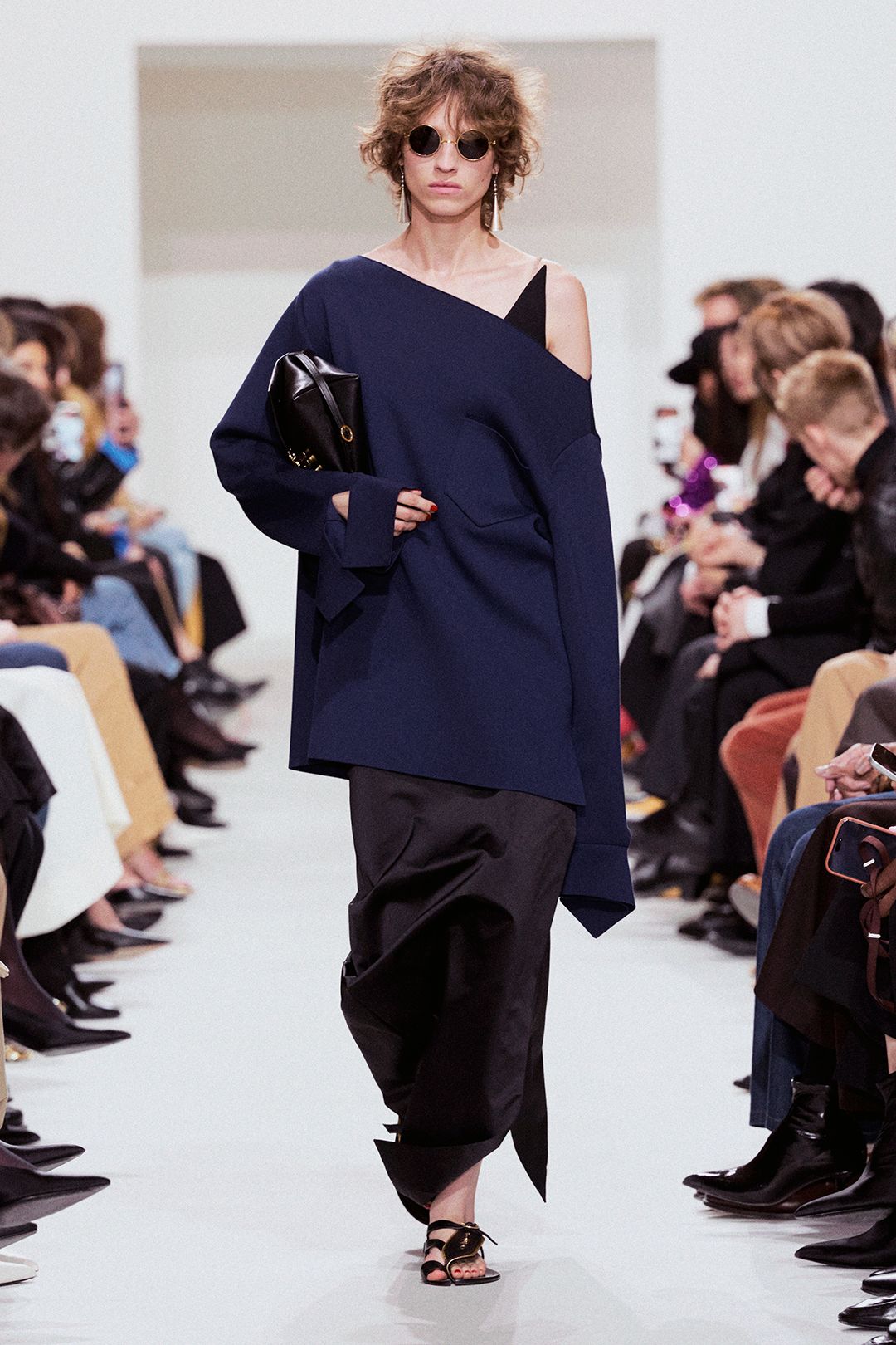 asymmetric off-shoulder oversized navy top