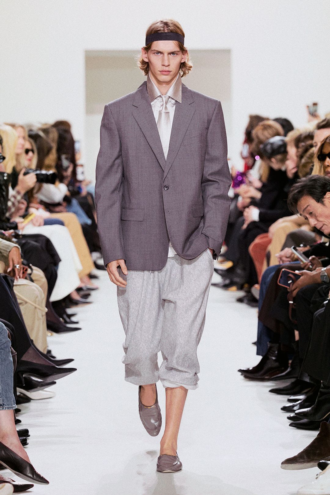 oversized gray blazer with cropped trousers