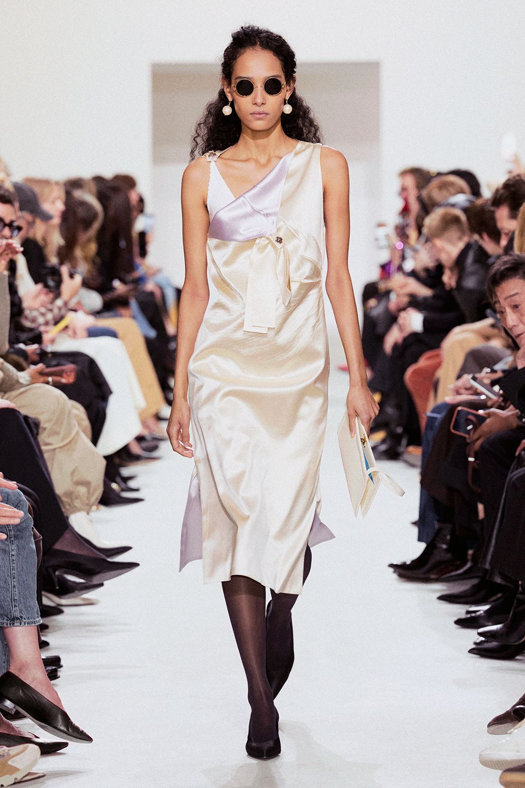 ivory satin sleeveless asymmetric relaxed draped knotted midi-dress