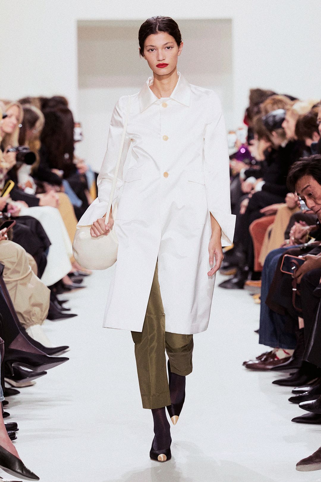ivory satin single-breasted coat
