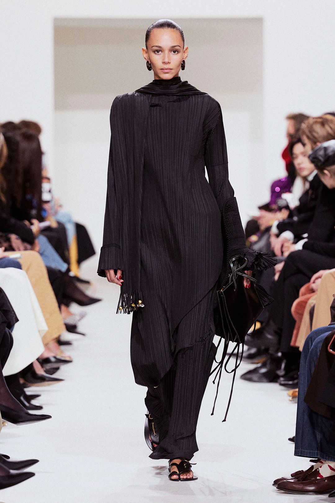 black pleated scarf-neck jumpsuit