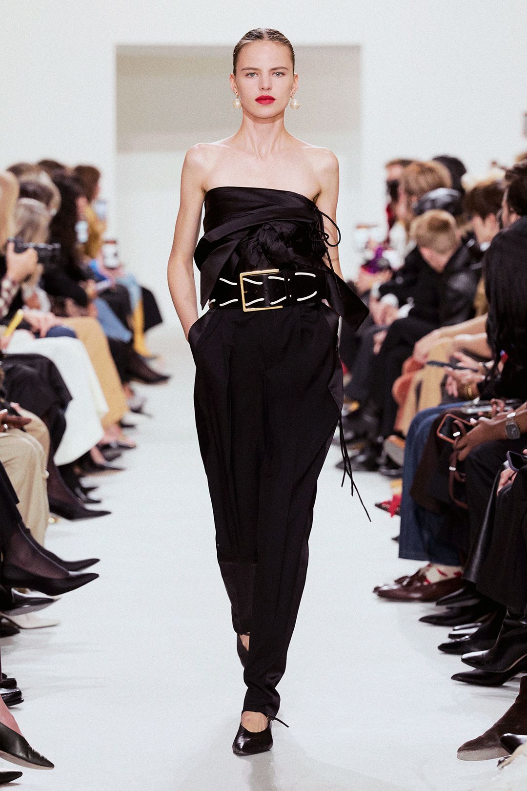strapless black draped jumpsuit