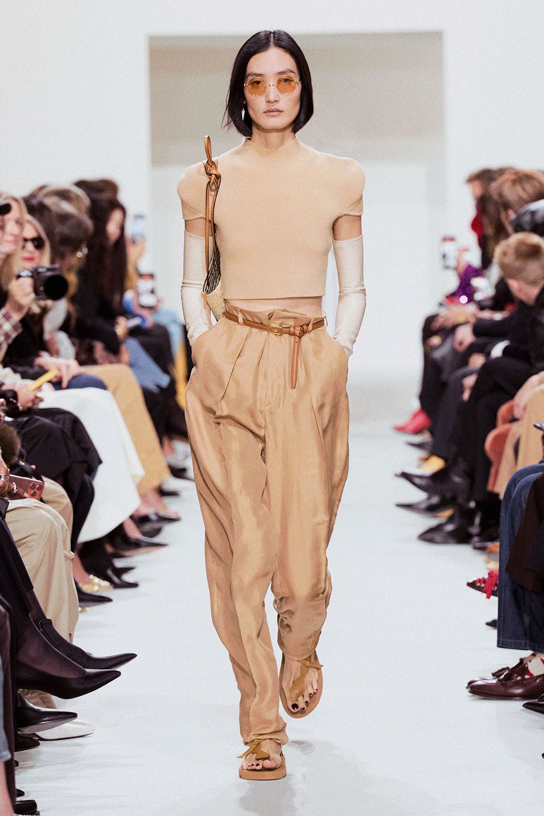 beige satin high-waisted pleated belted shiny flowing pants