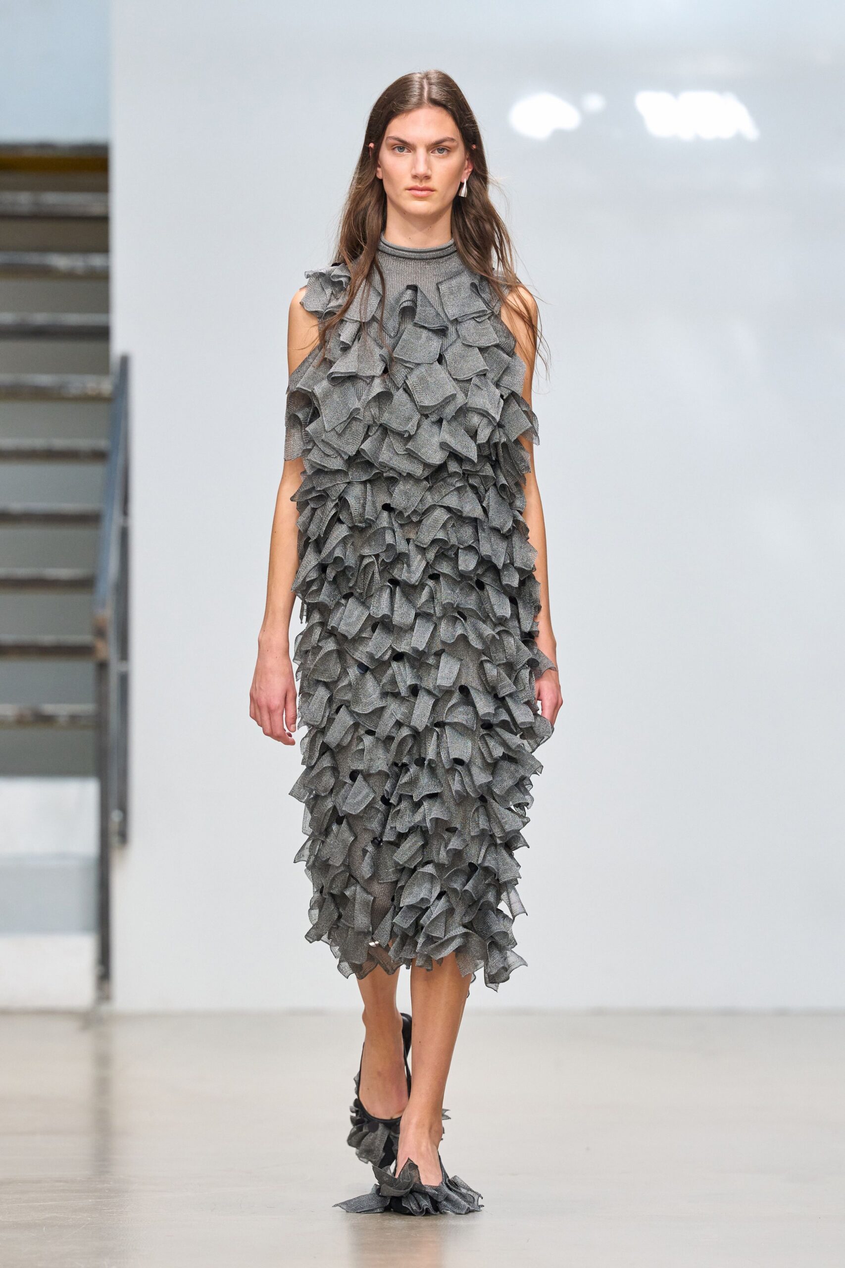 ruffled sheer mesh midi dress