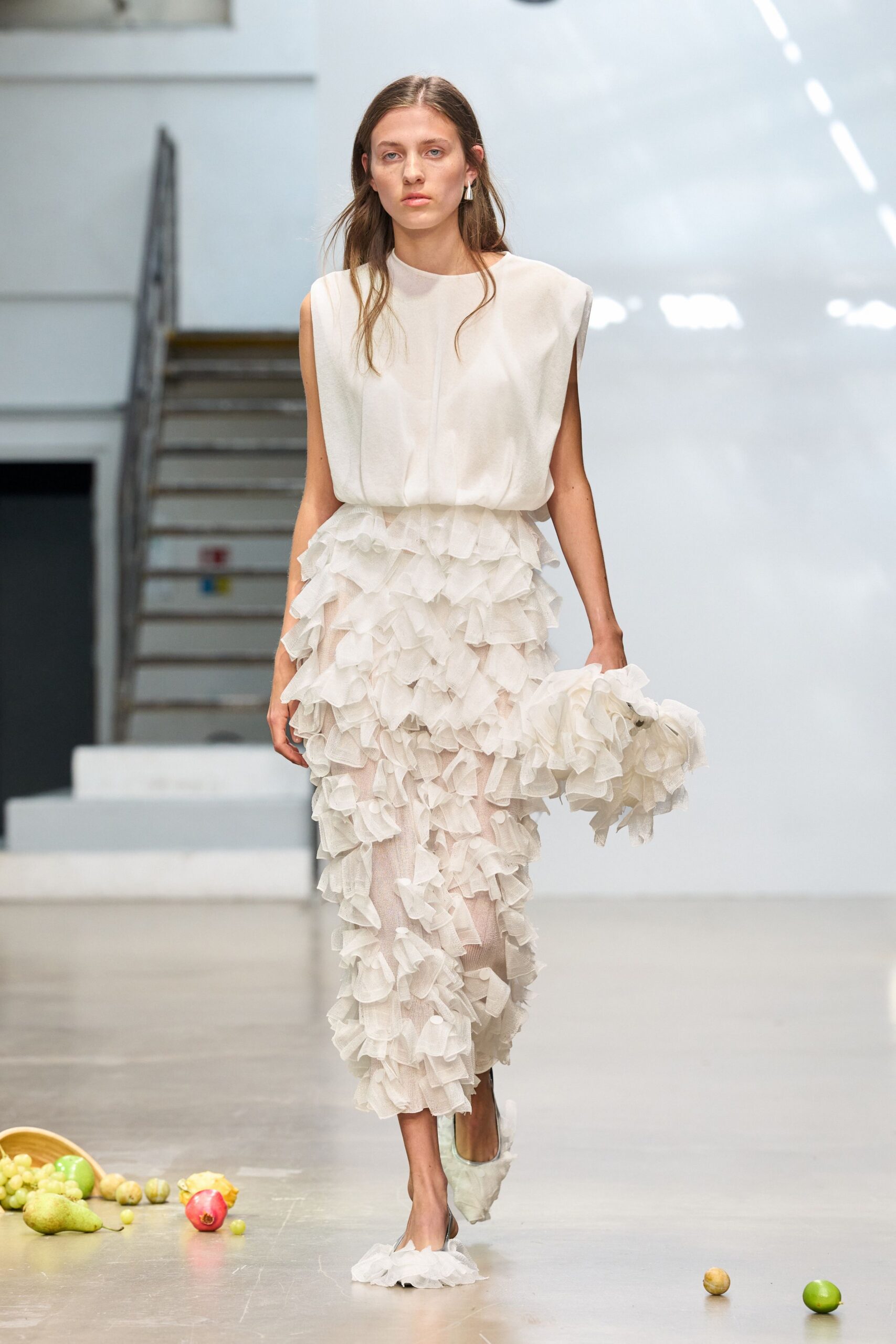 ivory ruffled tulle midi dress
