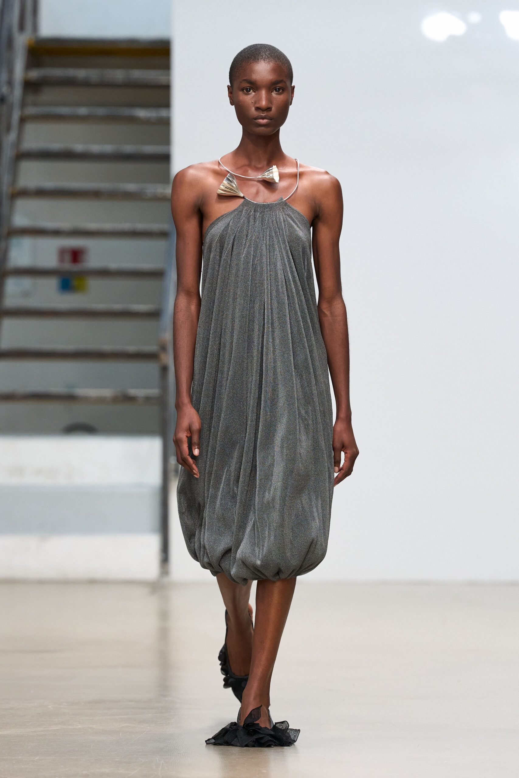 gray metallic halter sleeveless pleated draped midi-dress