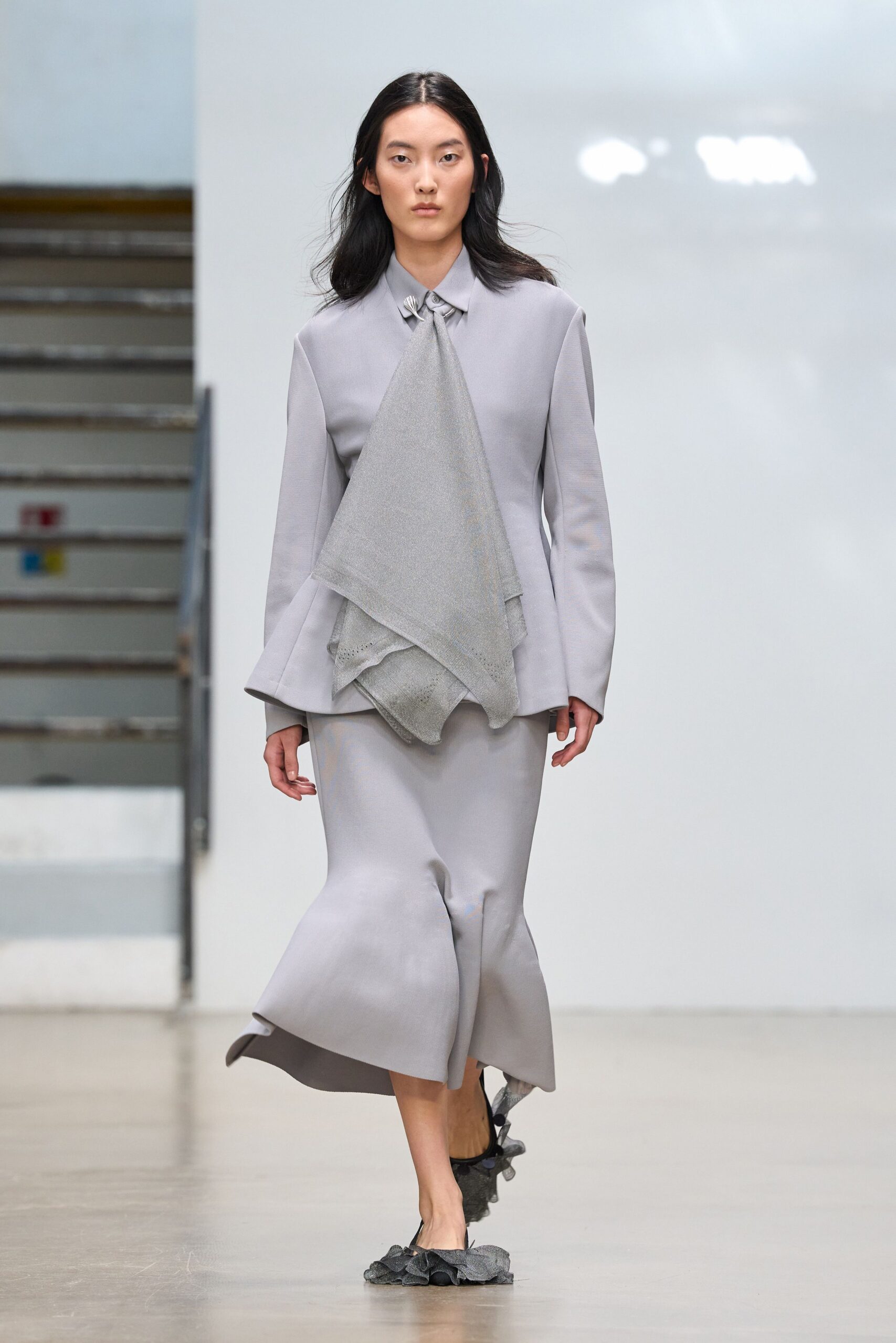 scarf-front gray blouse