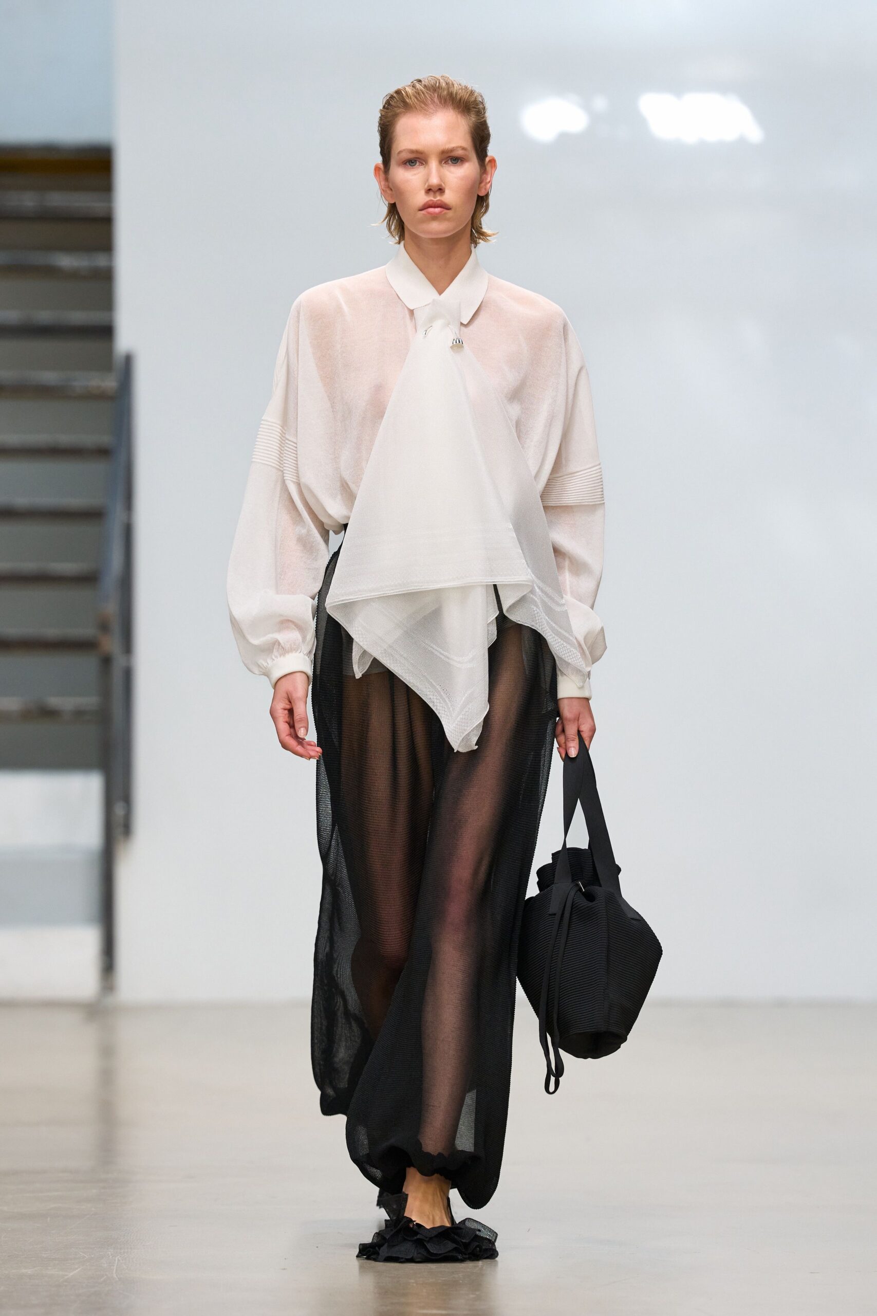white chiffon long-sleeve collared relaxed draped blouse