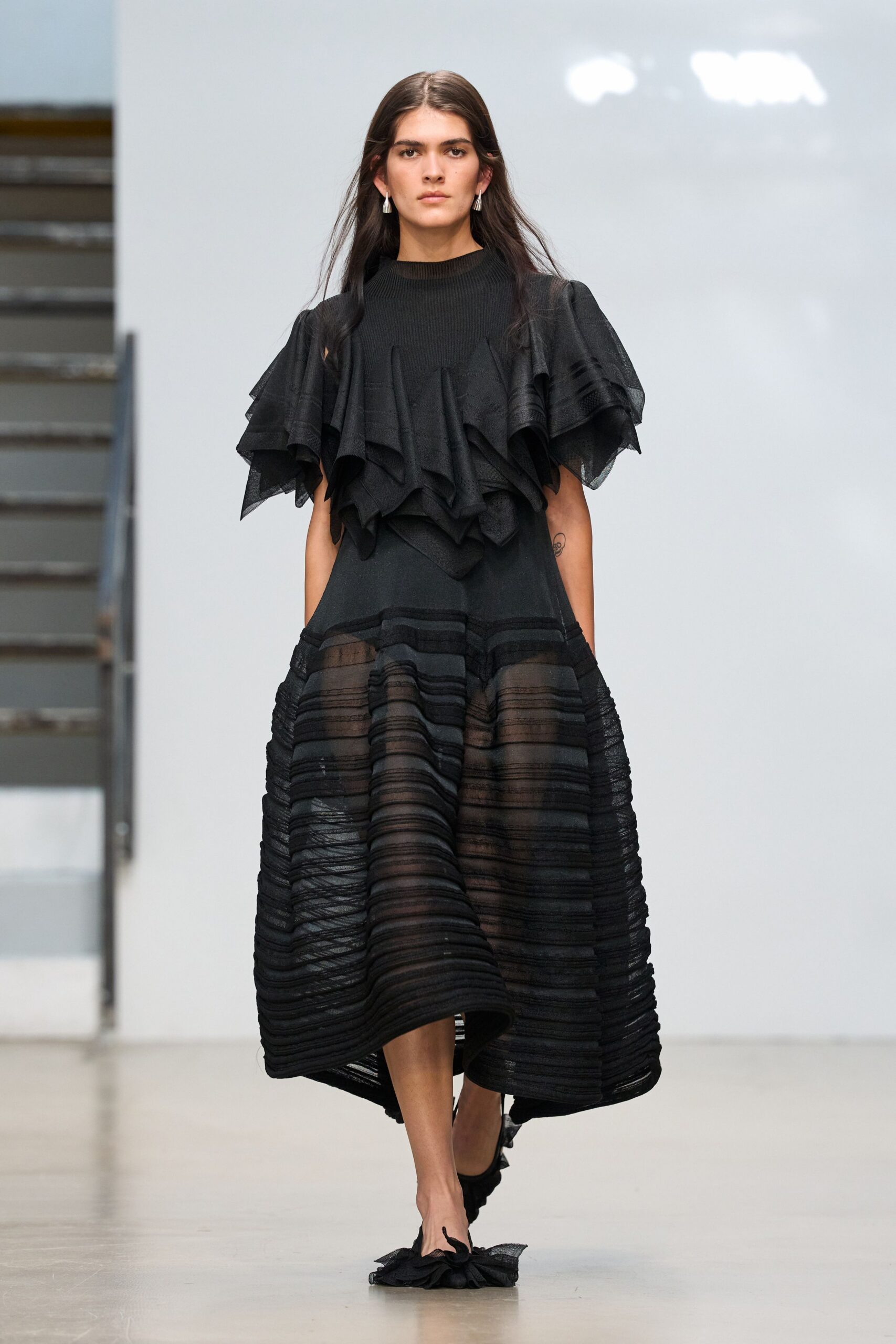 black ruffled sheer midi dress