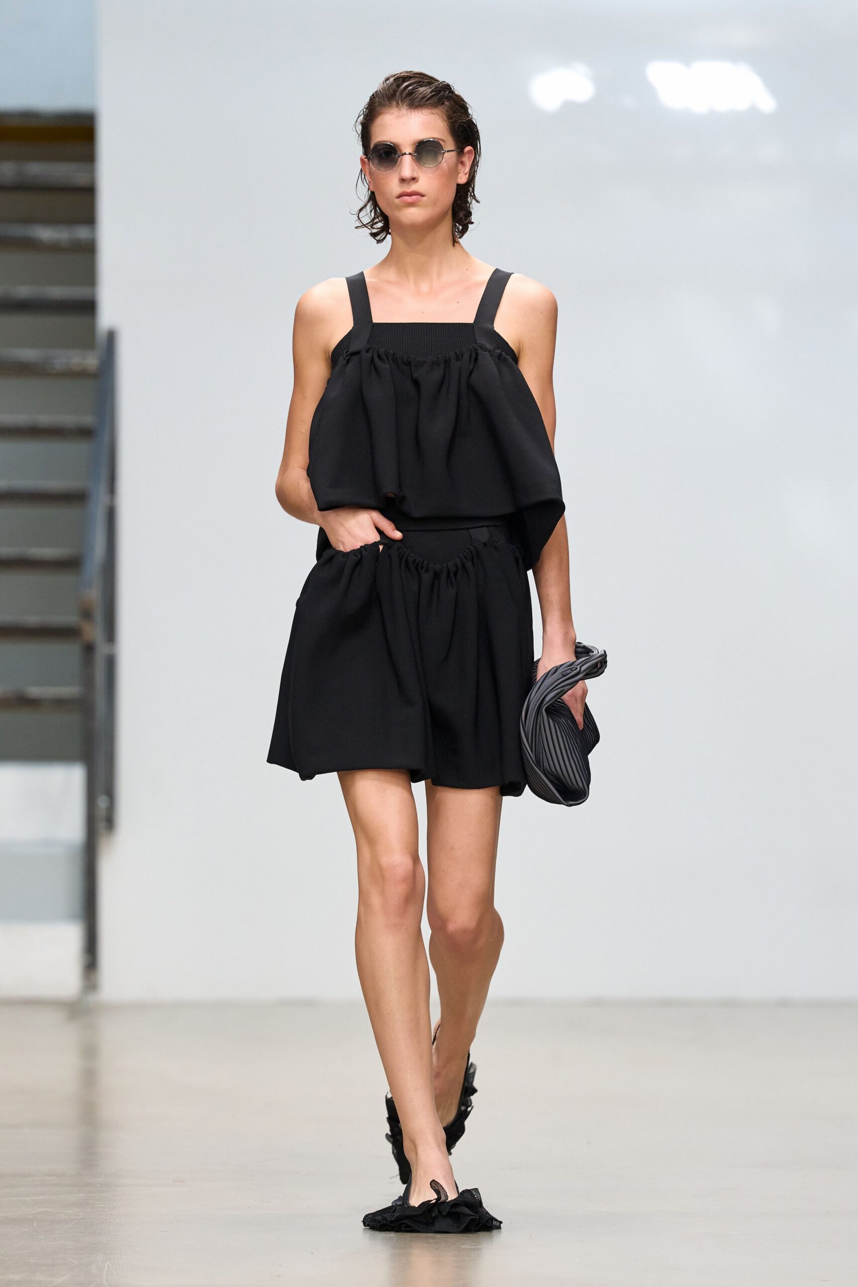black sleeveless square-neck ruched draped flowing mini mini-dress