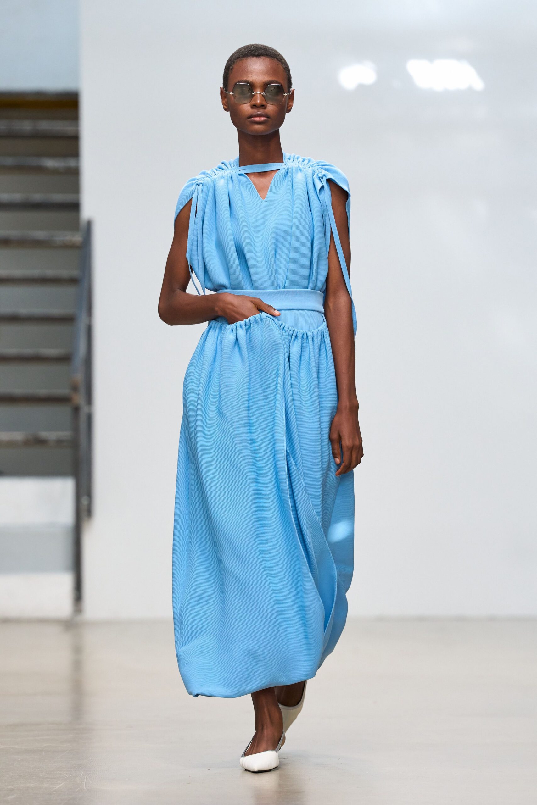 gathered sky blue maxi dress