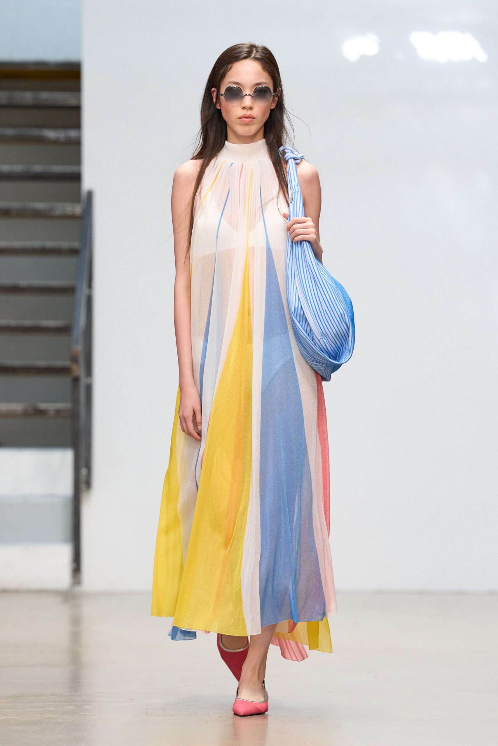 sheer pleated rainbow maxi dress