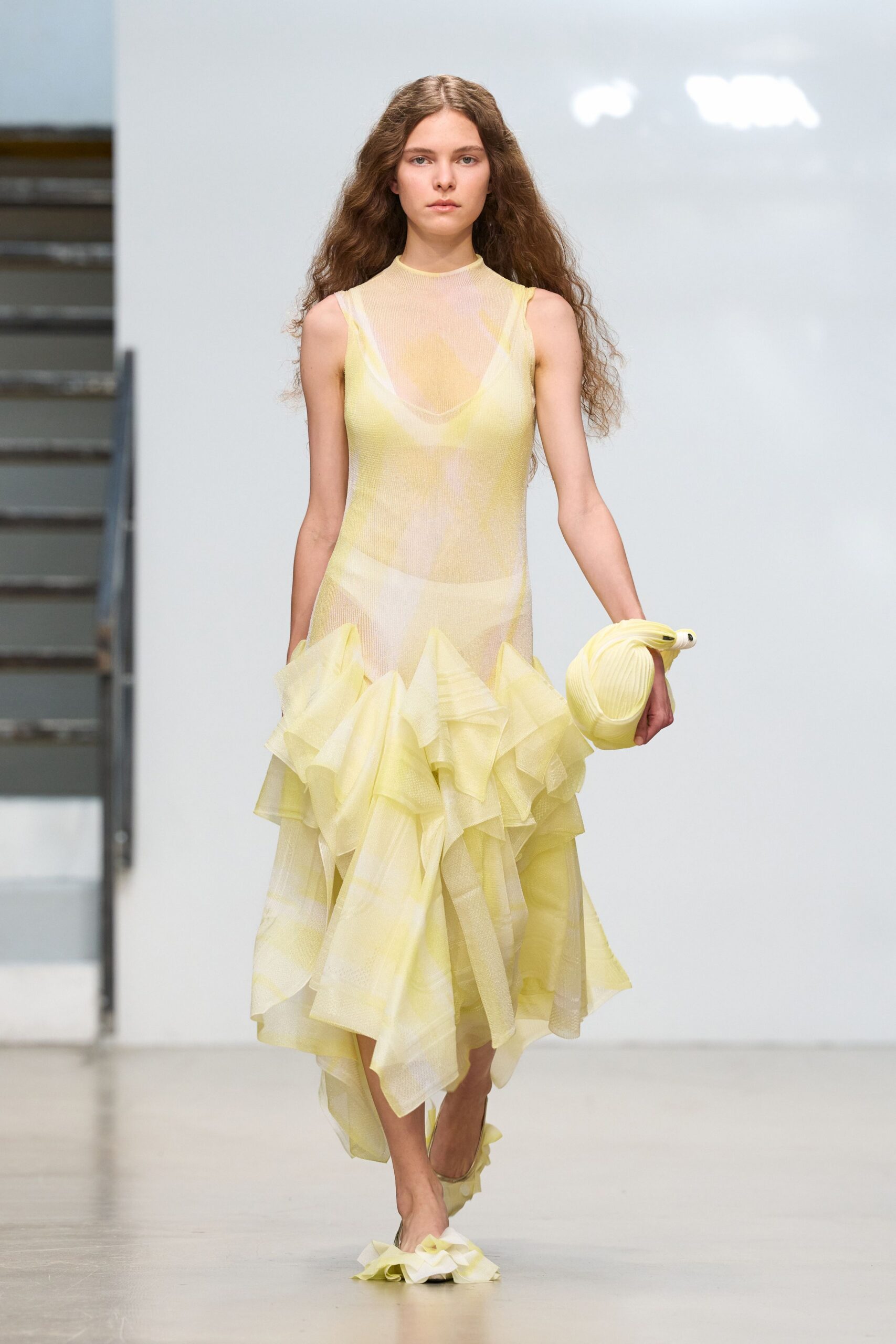 yellow mesh sleeveless high-neck ruffled layered dress