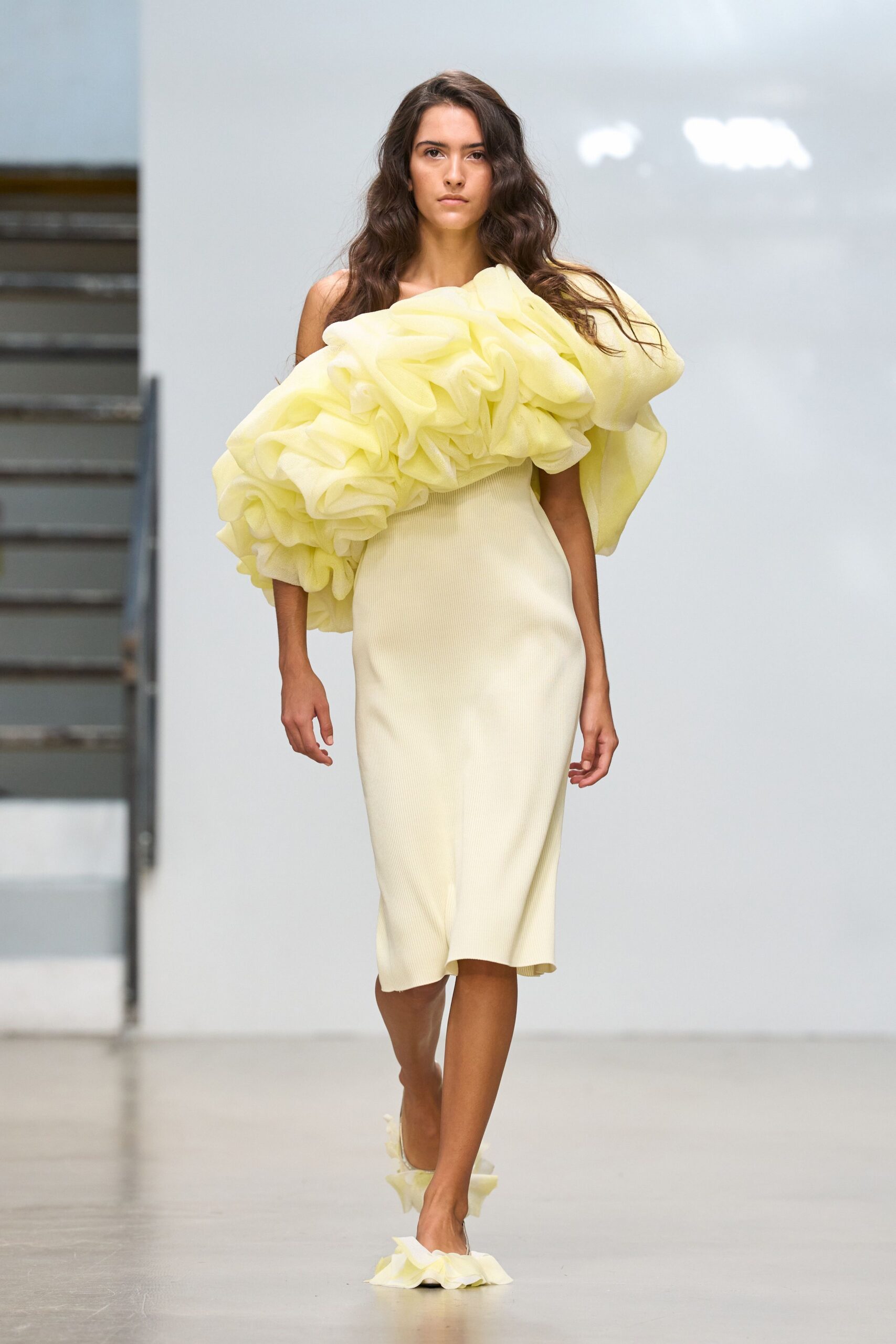 one-shoulder ruffled yellow midi dress