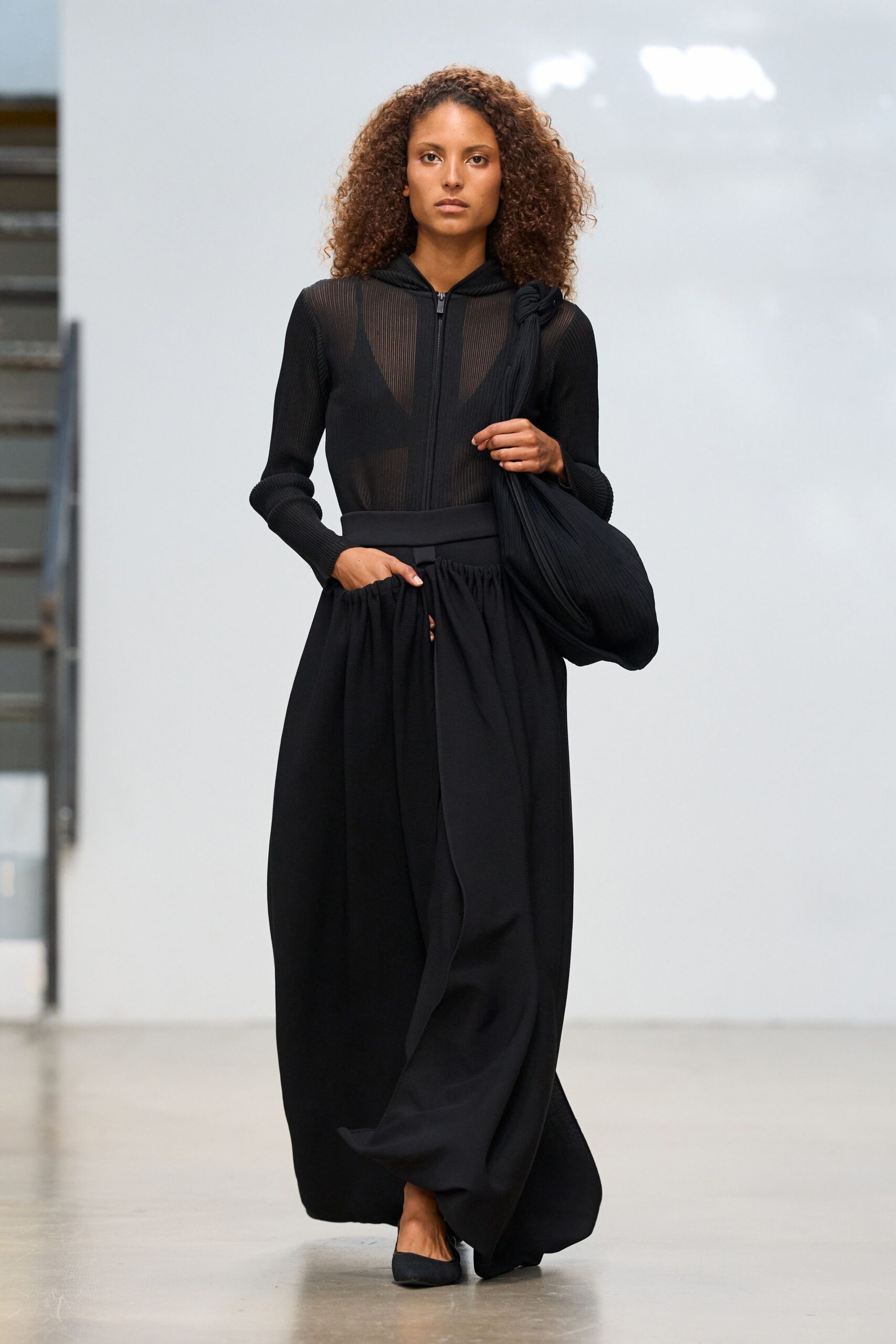 sheer ribbed hooded zip-front top