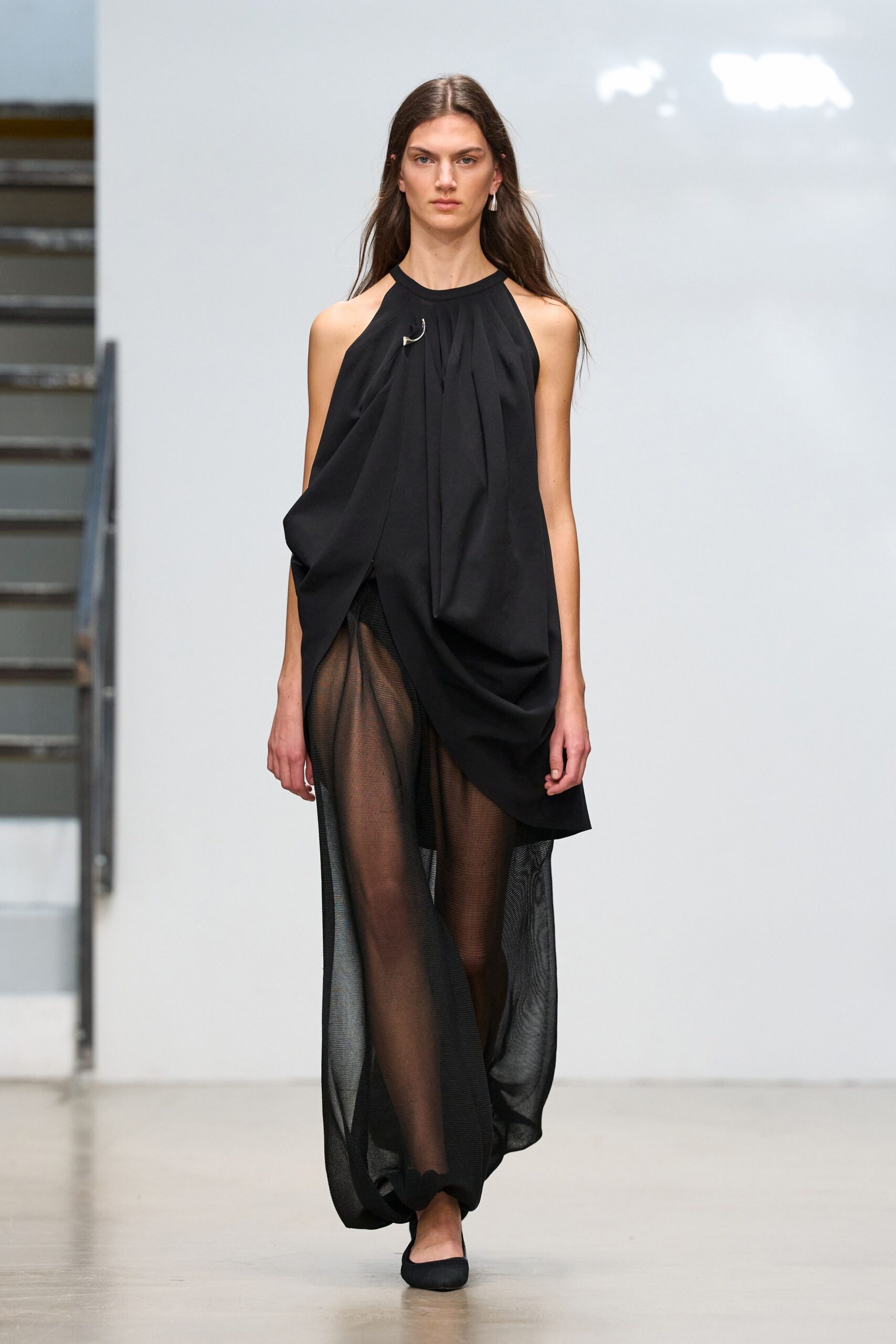 black draped halter sheer gown