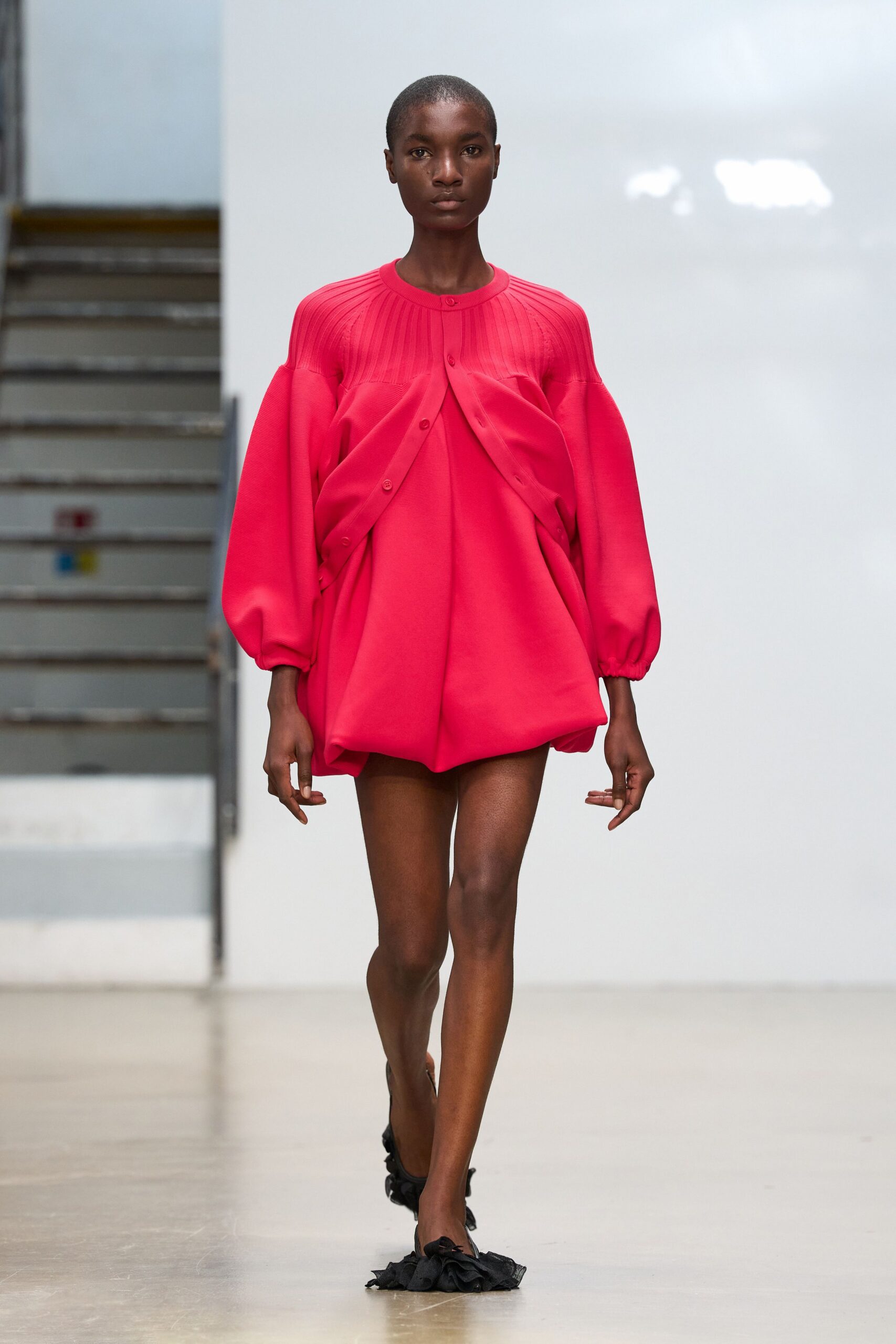 pink knit long-sleeve high-neck draped ribbed textured mini-dress