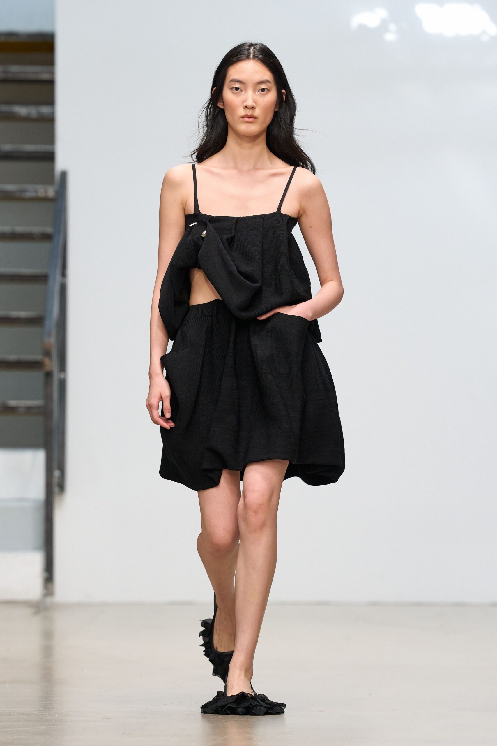 black knit spaghetti-strap cutout draped ruched textured mini-dress