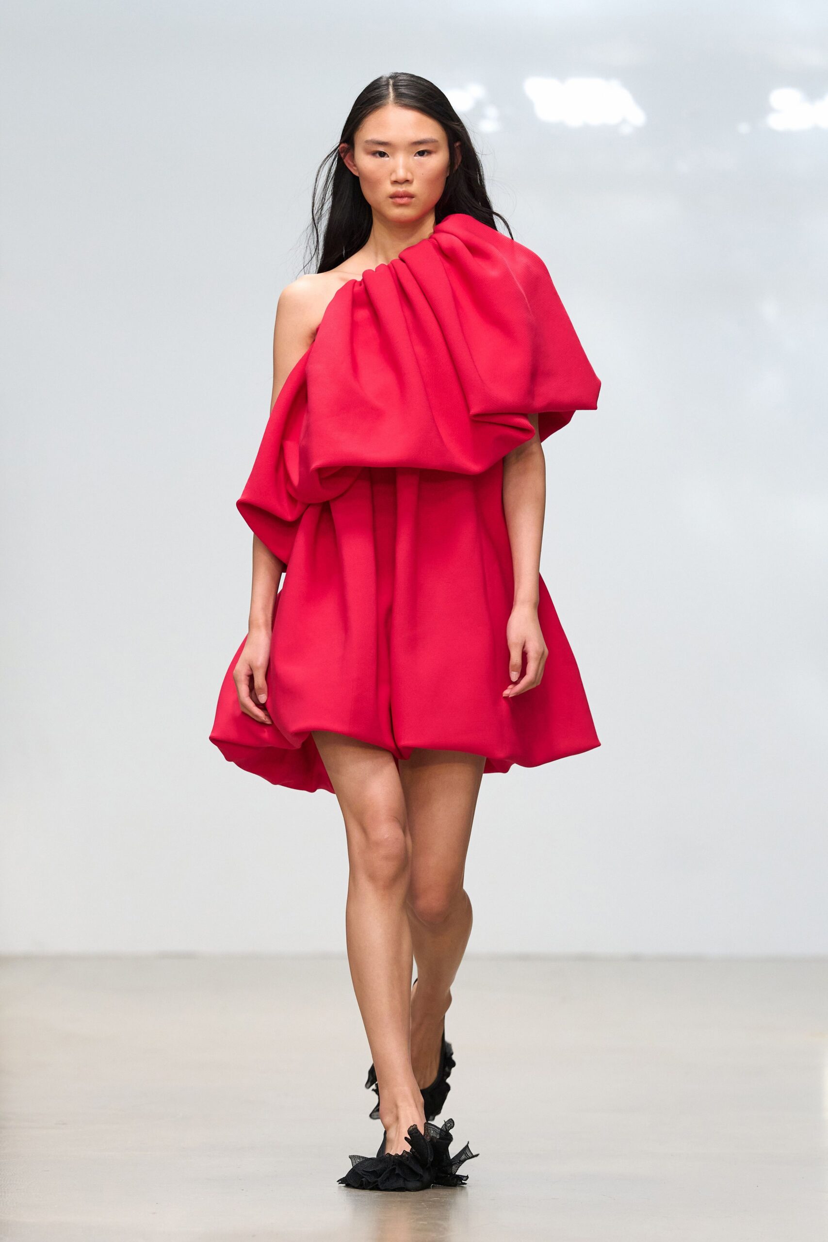 pink off-shoulder asymmetric draped ruched textured mini mini-dress