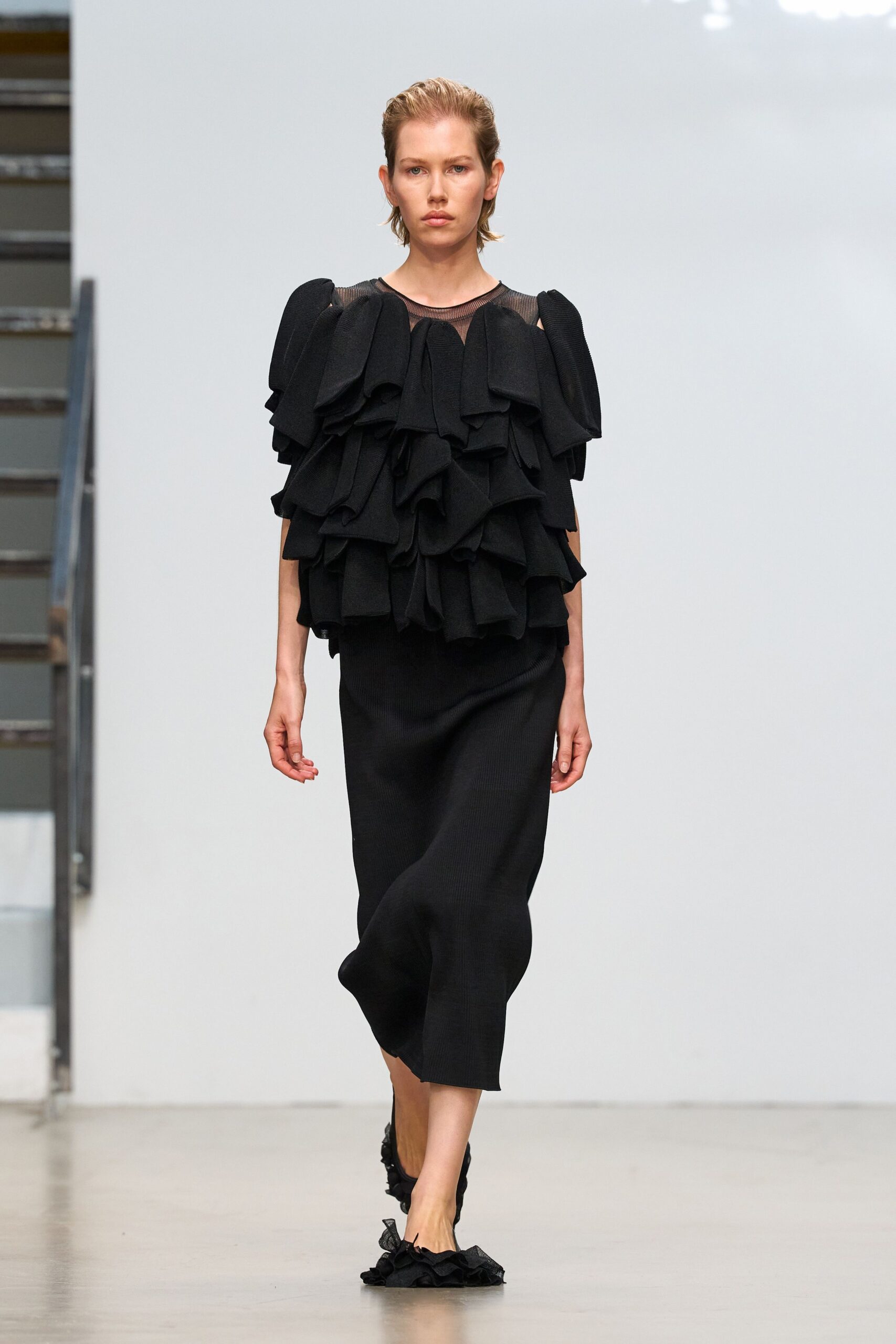 black ruffled knit midi dress