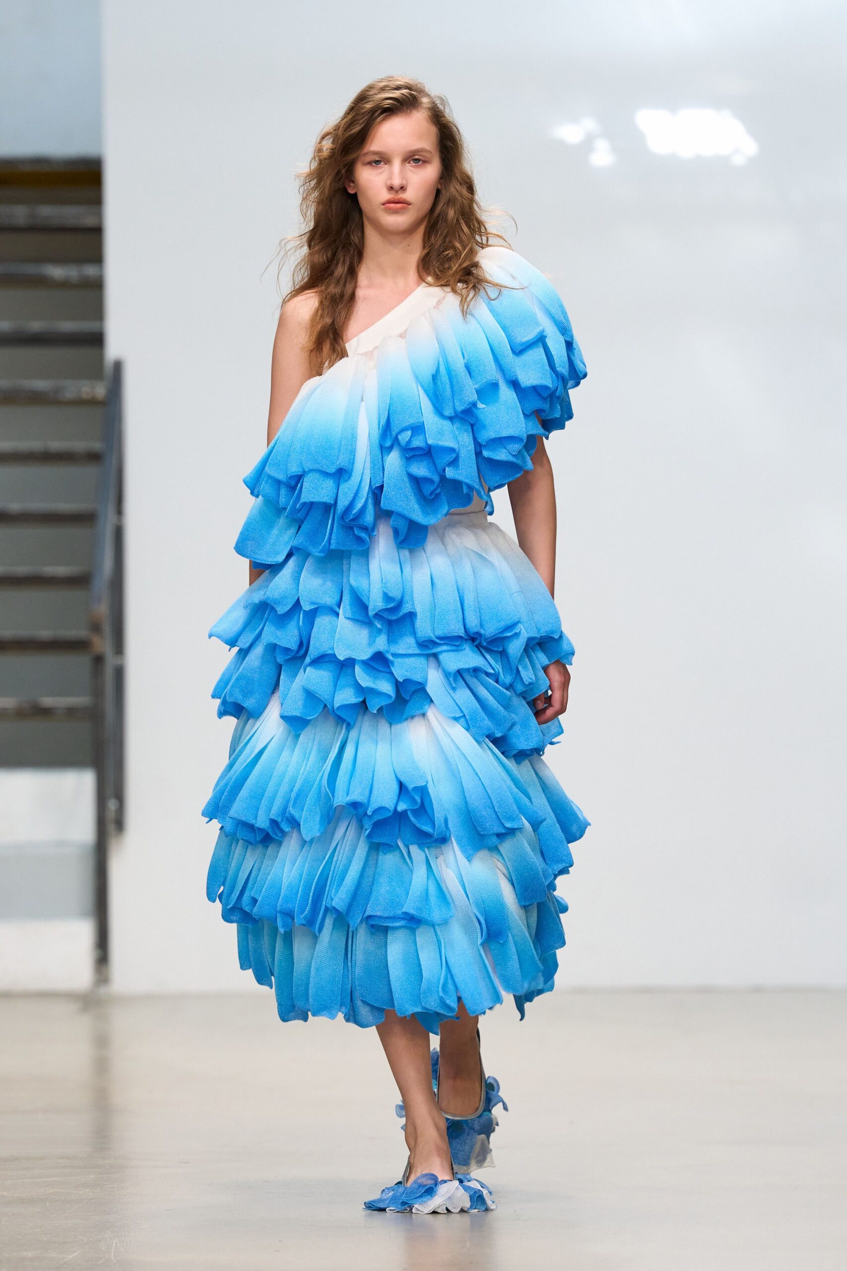 blue ombre one-shoulder ruffle gown