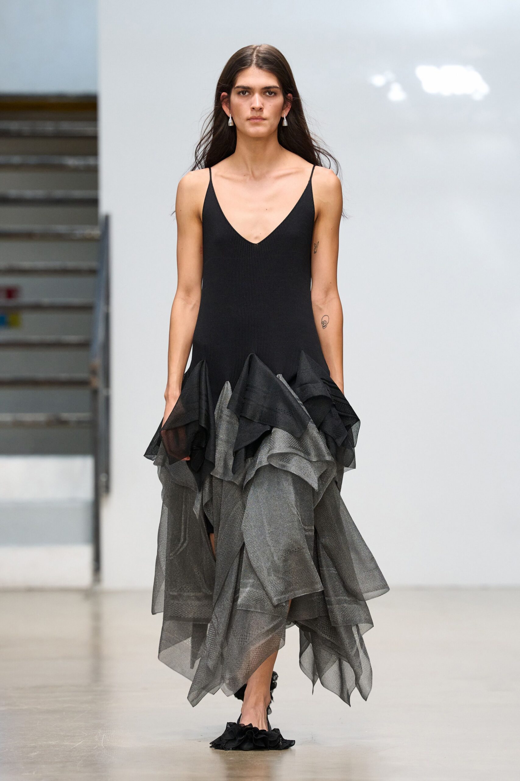 black ribbed drop-waist ruffle hem dress